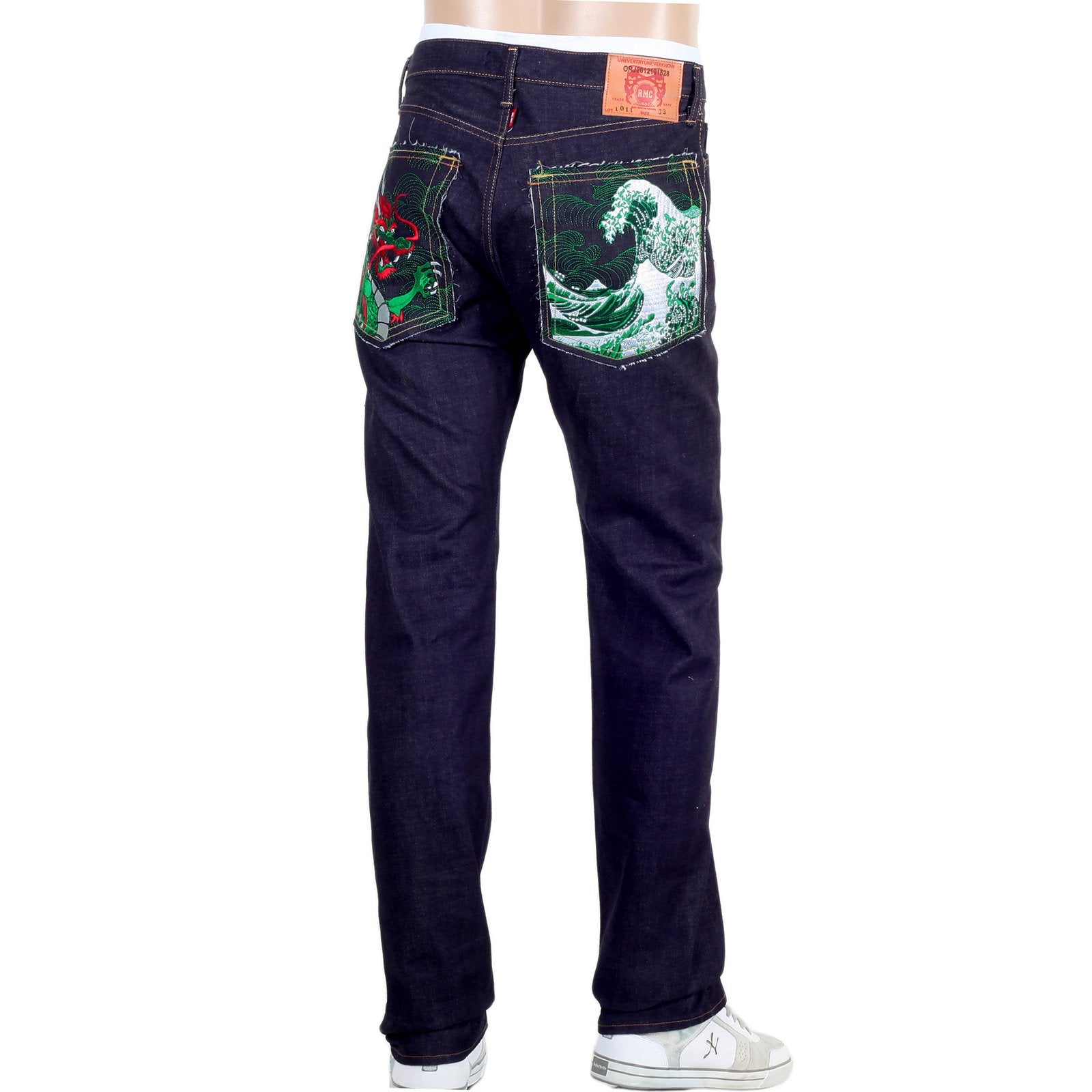 RMC 1011 MODEL RQP14121 JAPANESE SELVEDGE DENIM JEANS WITH GREEN DRAGON AND TSUNAMI WAVE EMBROIDERY REDM4457