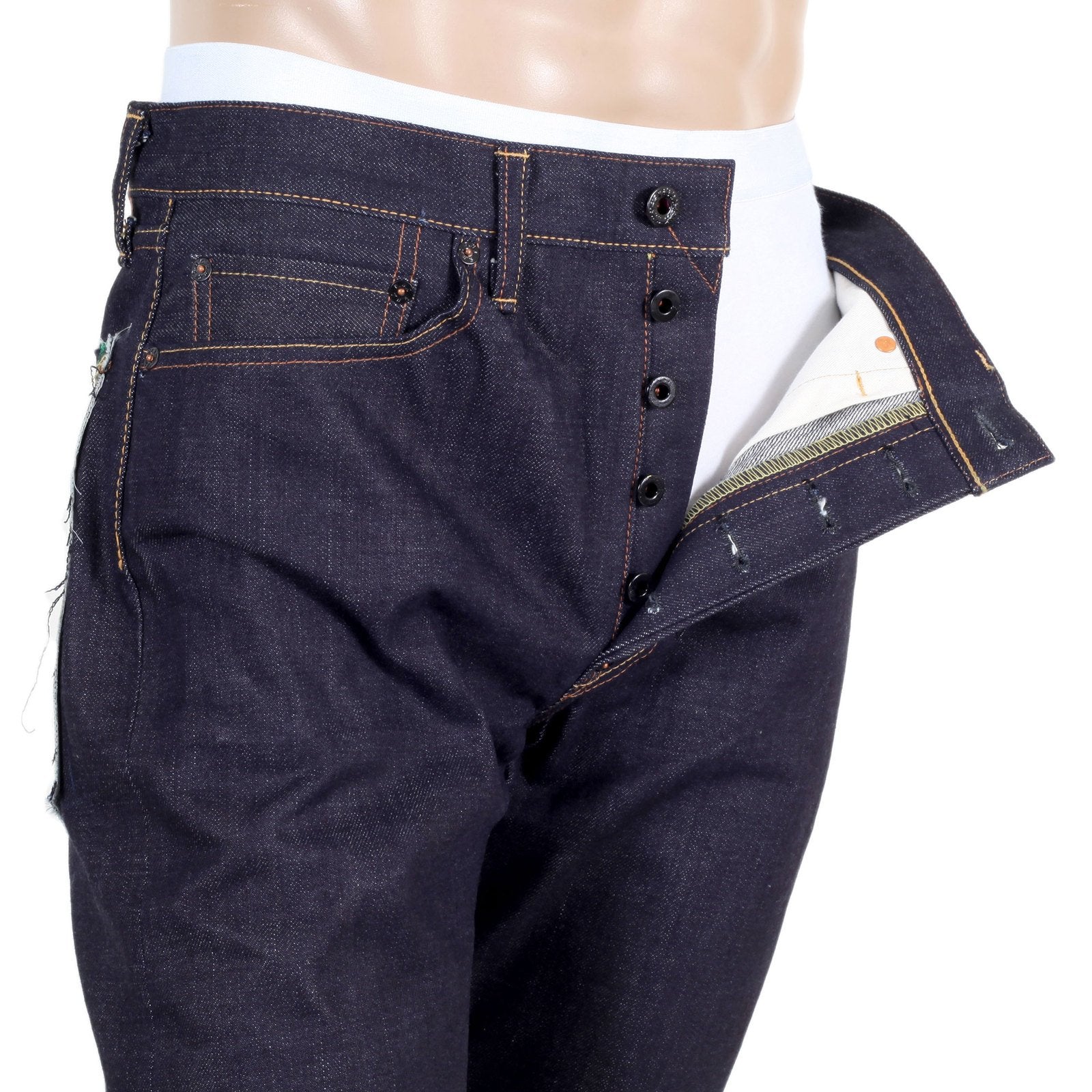 RMC 1011 MODEL RQP14121 JAPANESE SELVEDGE DENIM JEANS WITH GREEN DRAGON AND TSUNAMI WAVE EMBROIDERY REDM4457