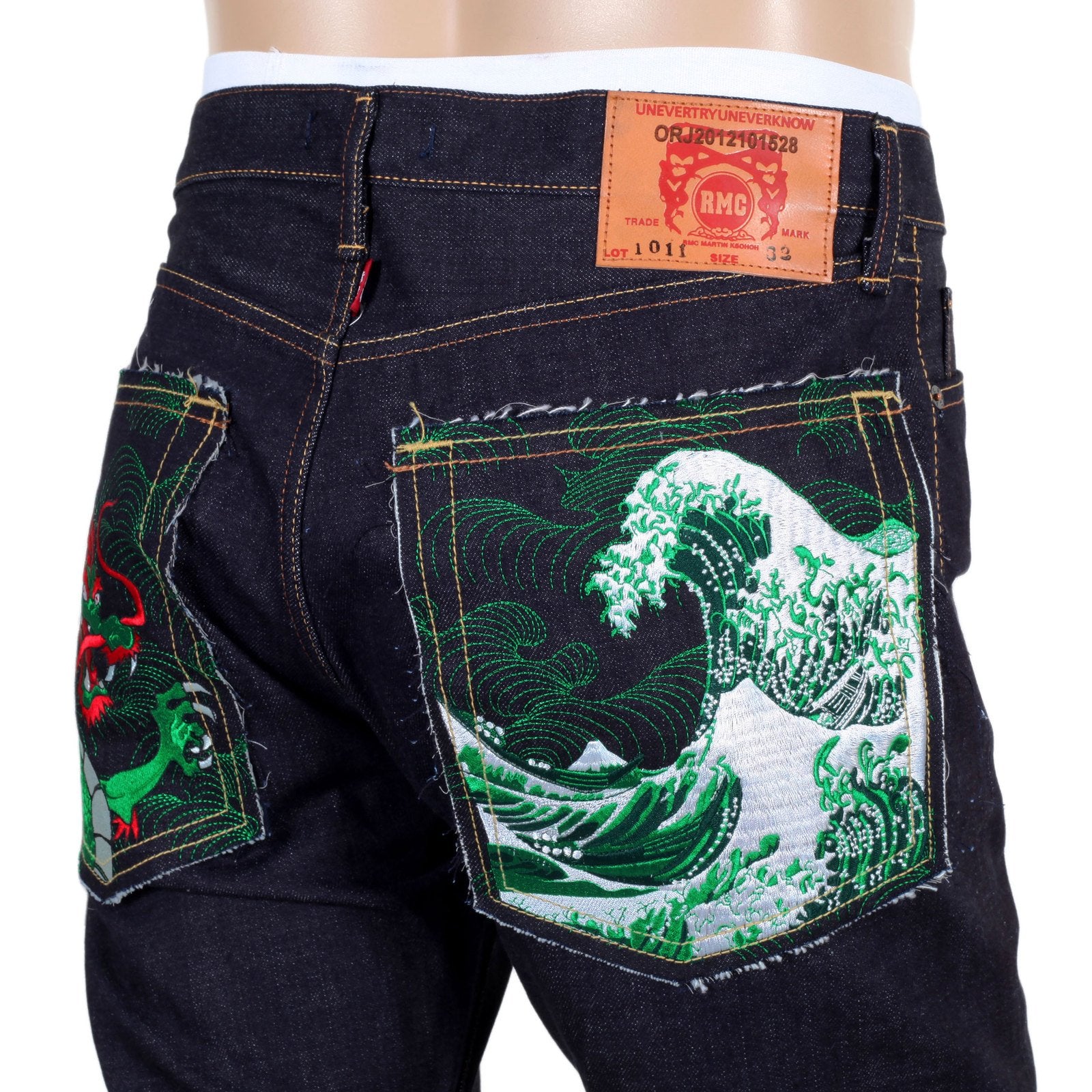 RMC 1011 MODEL RQP14121 JAPANESE SELVEDGE DENIM JEANS WITH GREEN DRAGON AND TSUNAMI WAVE EMBROIDERY REDM4457