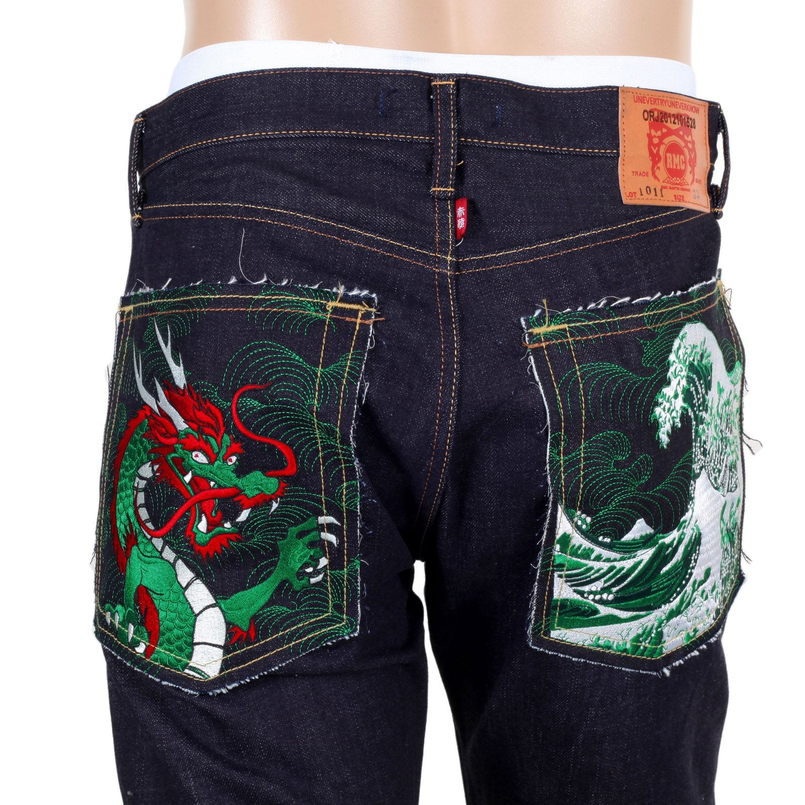 RMC 1011 MODEL RQP14121 JAPANESE SELVEDGE DENIM JEANS WITH GREEN DRAGON AND TSUNAMI WAVE EMBROIDERY REDM4457