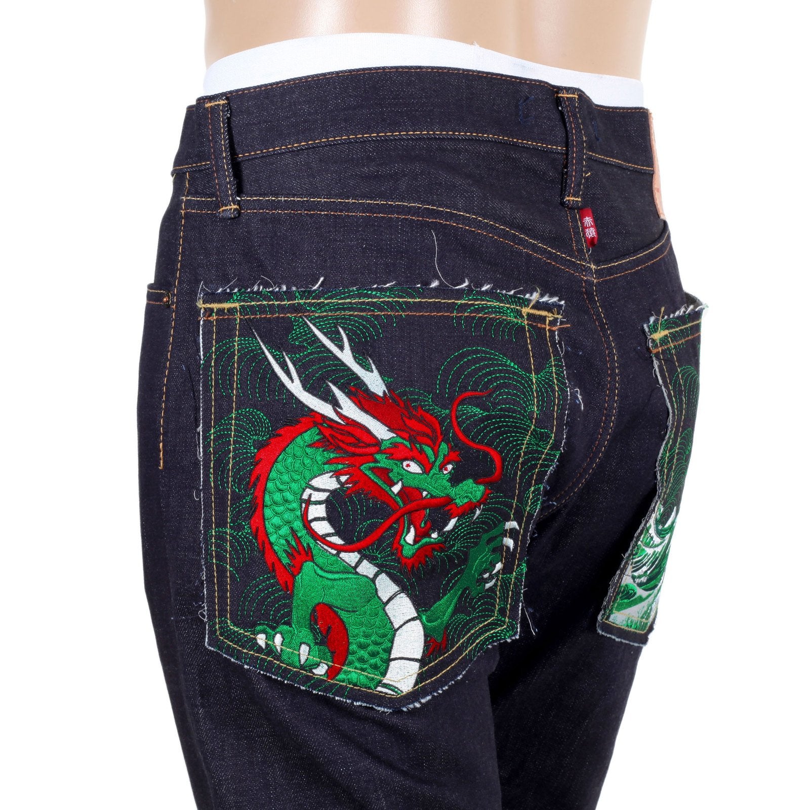 RMC 1011 MODEL RQP14121 JAPANESE SELVEDGE DENIM JEANS WITH GREEN DRAGON AND TSUNAMI WAVE EMBROIDERY REDM4457