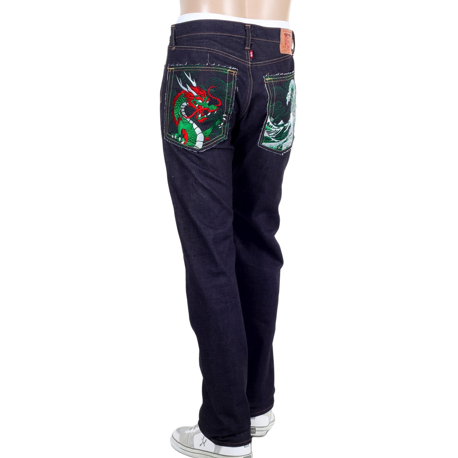 RMC 1011 MODEL RQP14121 JAPANESE SELVEDGE DENIM JEANS WITH GREEN DRAGON AND TSUNAMI WAVE EMBROIDERY REDM4457