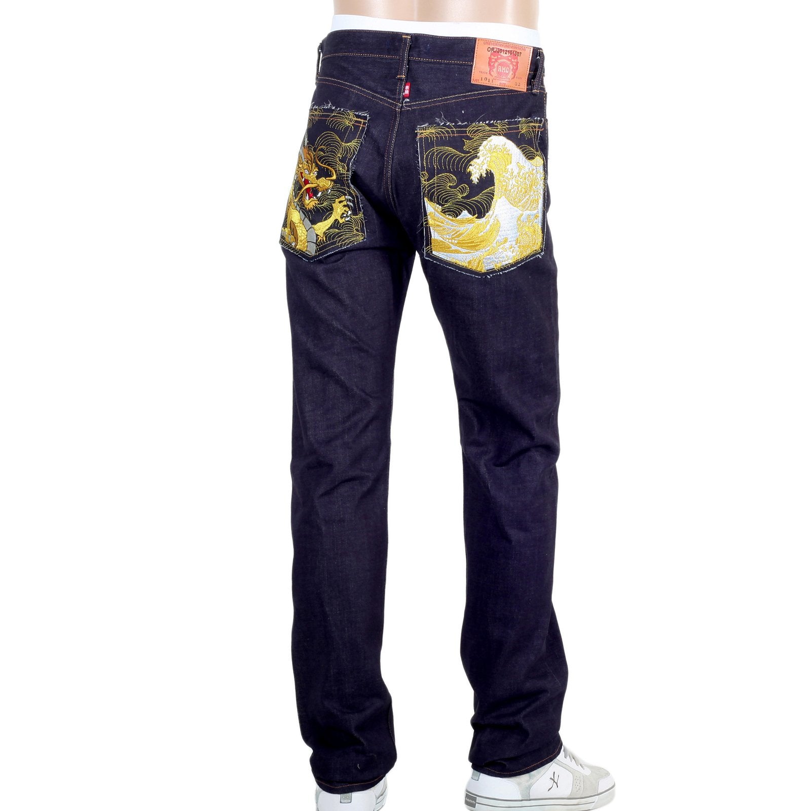 MENS RMC GOLD DRAGON AND TSUNAMI WAVE EMBROIDERED 1011 SLIMMER MODEL RQP14121 SELVEDGE DENIM JEANS REDM4458