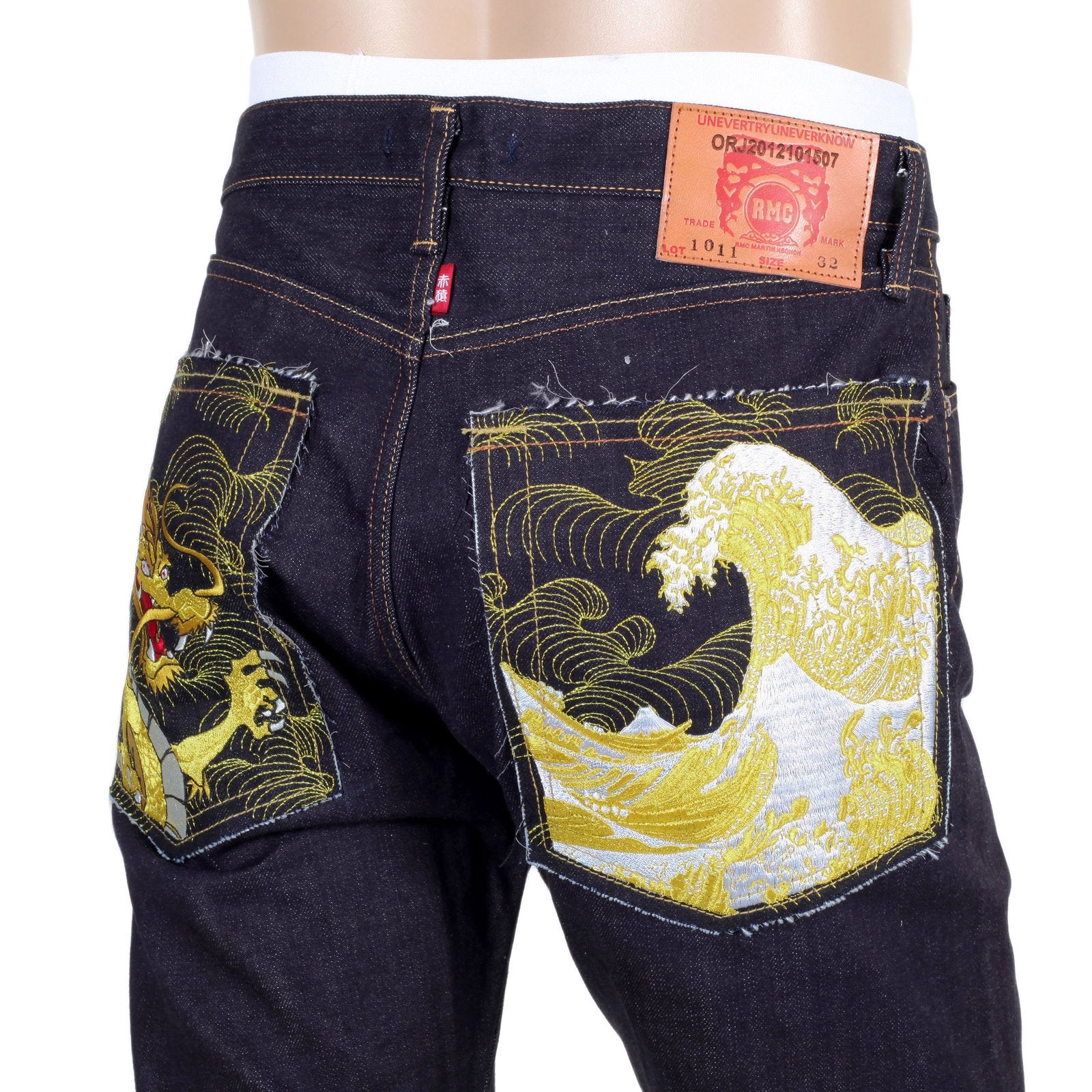 MENS RMC GOLD DRAGON AND TSUNAMI WAVE EMBROIDERED 1011 SLIMMER MODEL RQP14121 SELVEDGE DENIM JEANS REDM4458