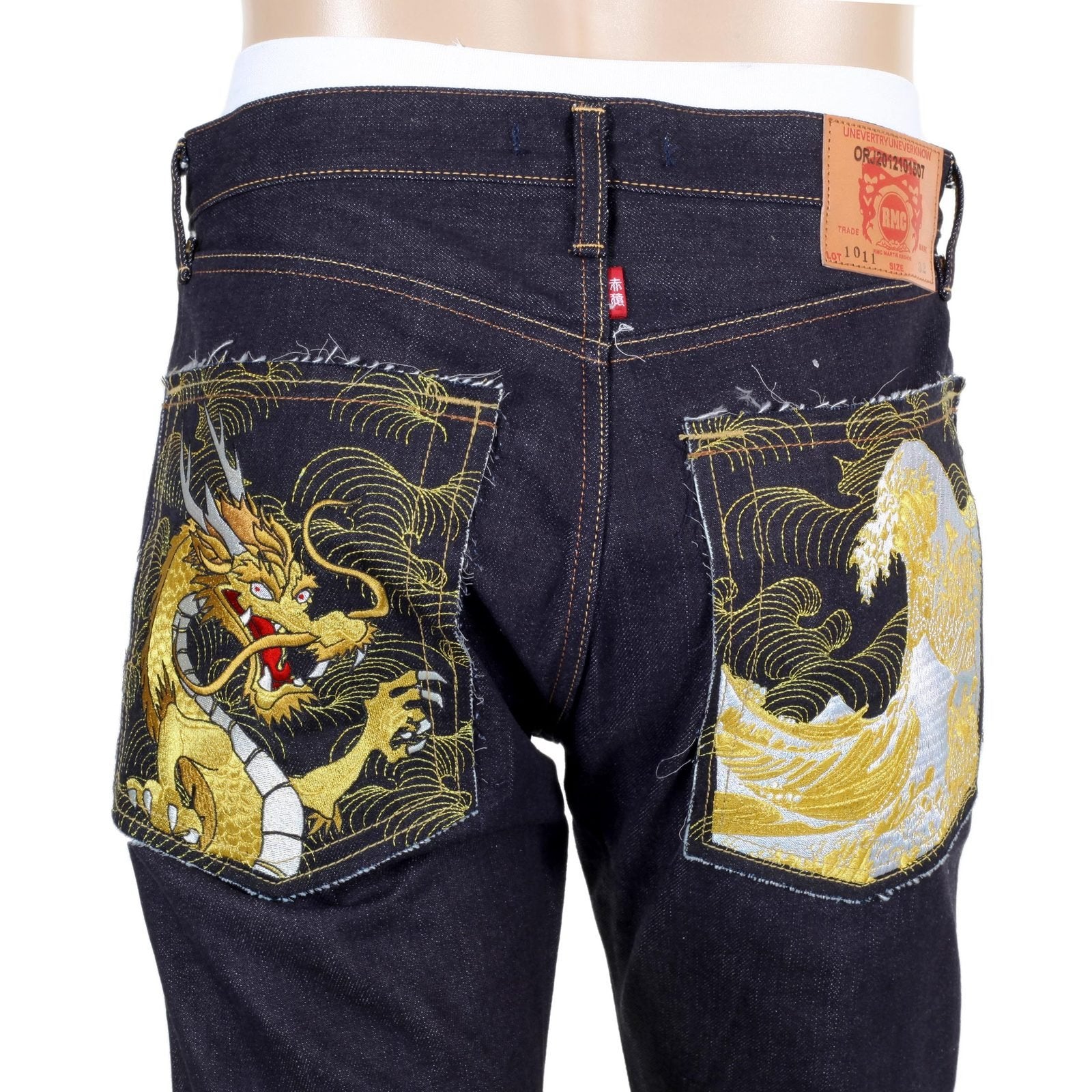 MENS RMC GOLD DRAGON AND TSUNAMI WAVE EMBROIDERED 1011 SLIMMER MODEL RQP14121 SELVEDGE DENIM JEANS REDM4458