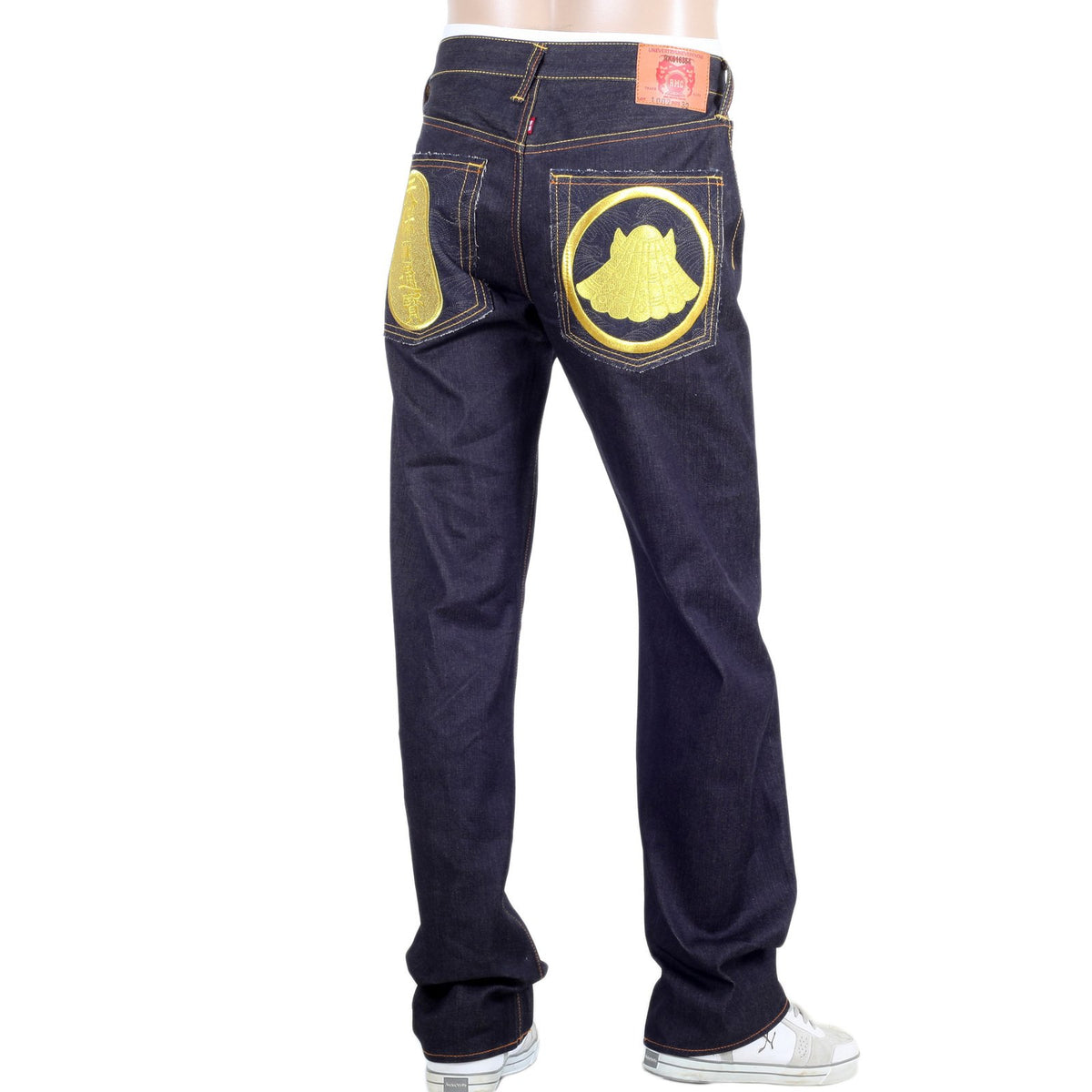 RMC JEANS GENUINE DARK INDIGO RAW DENIM SUPER EXCLUSIVE VINTAGE CUT JEANS WITH GOLD NENGO EMBROIDERY REDM0651