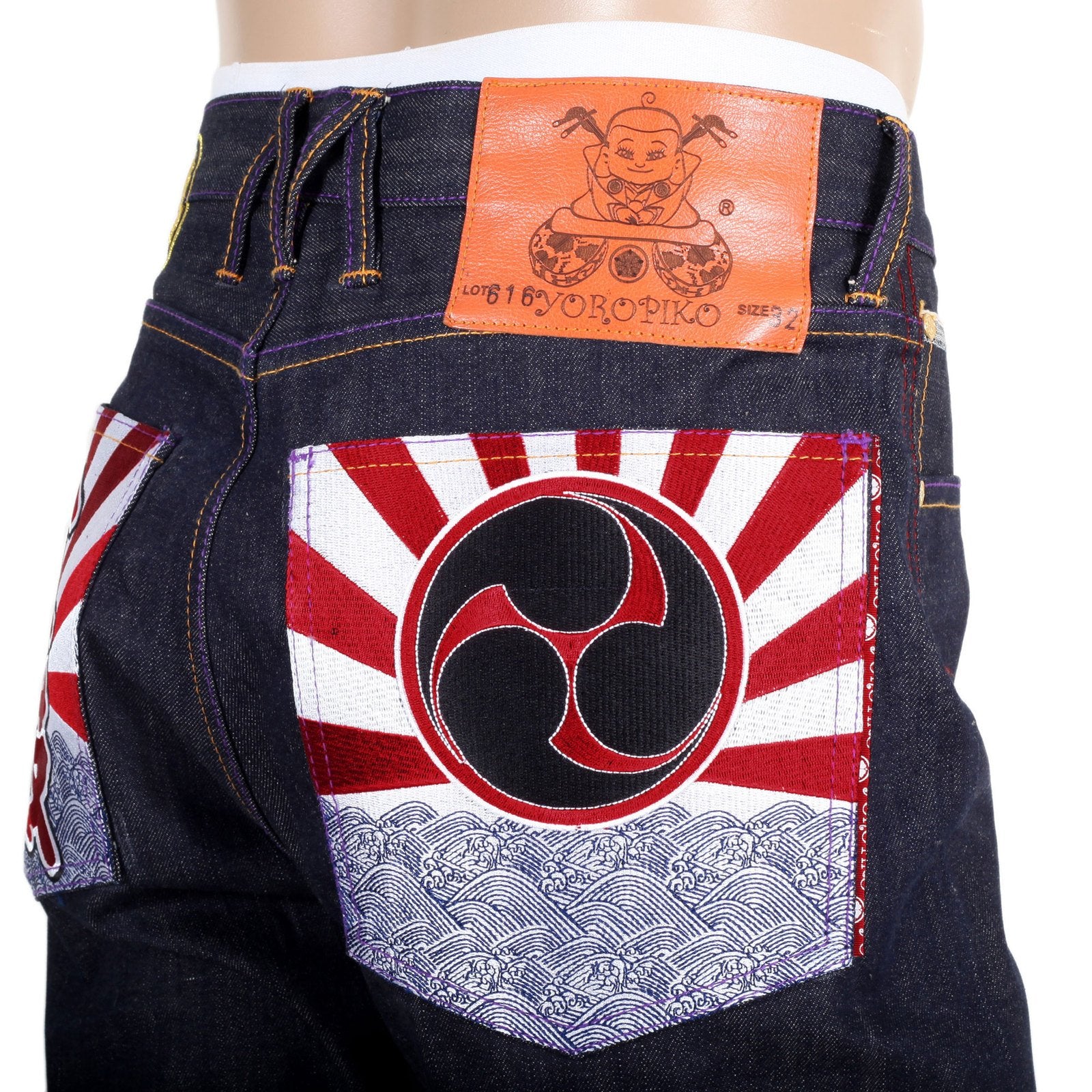 YOROPIKO EXCLUSIVE DARK INDIGO TAIKO FLAG RAW SELVEDGE DENIM JEANS BY MYM FOR MEN YORO0663