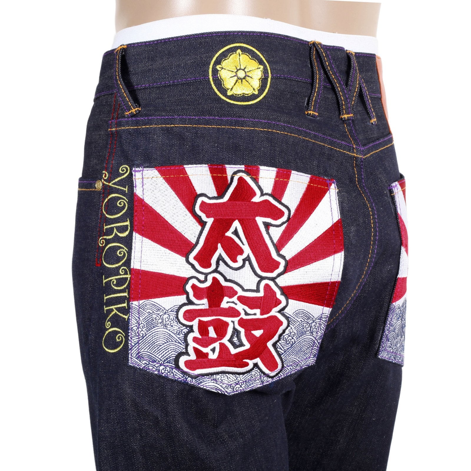 YOROPIKO EXCLUSIVE DARK INDIGO TAIKO FLAG RAW SELVEDGE DENIM JEANS BY MYM FOR MEN YORO0663