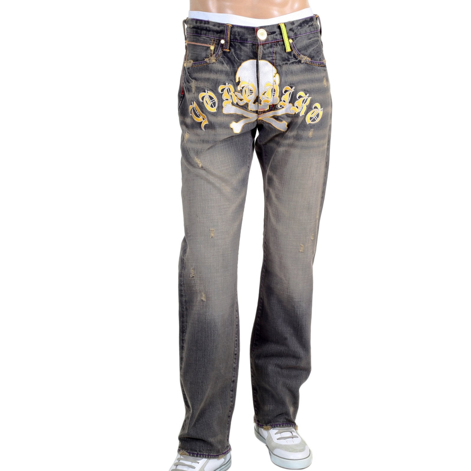 YOROPIKO SKULL EMBROIDERED ROCK WASHED SELVEDGE DENIM JEANS BY MYM FOR MEN YORO0686