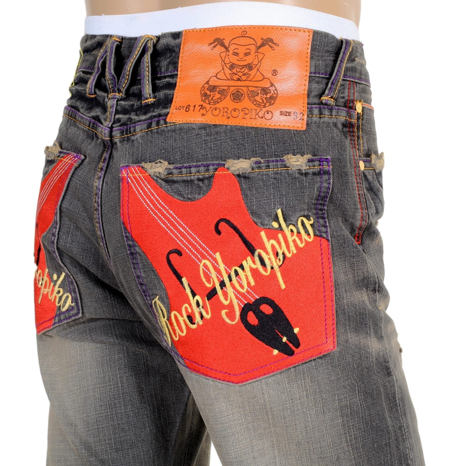 YOROPIKO SKULL EMBROIDERED ROCK WASHED SELVEDGE DENIM JEANS BY MYM FOR MEN YORO0686