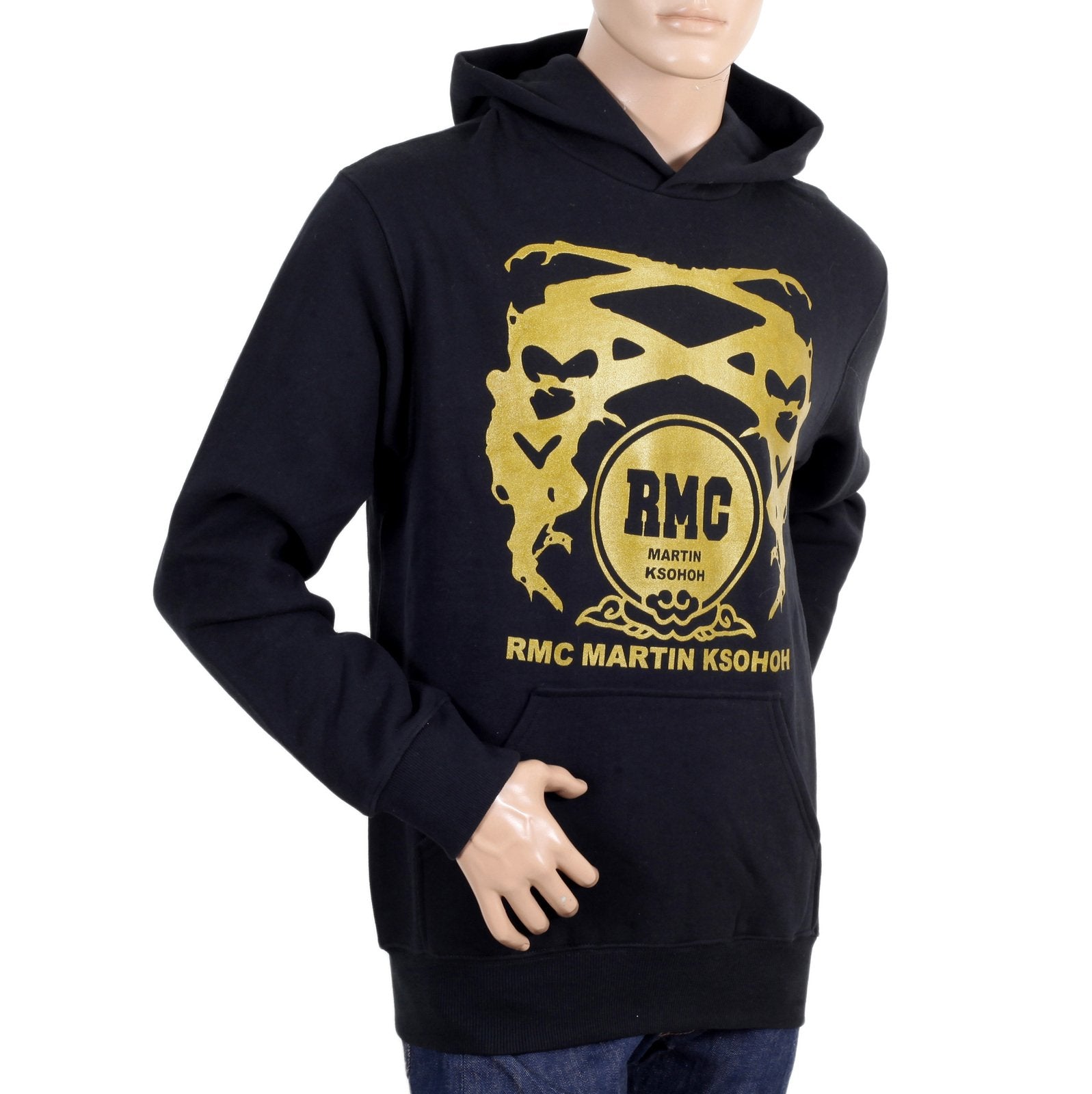 RMC MARTIN KSOHOH LONG SLEEVE KANGAROO STYLE POCKET REGULAR FIT BLACK HOODIE WITH GOLD LOGO PRINT REDM0705