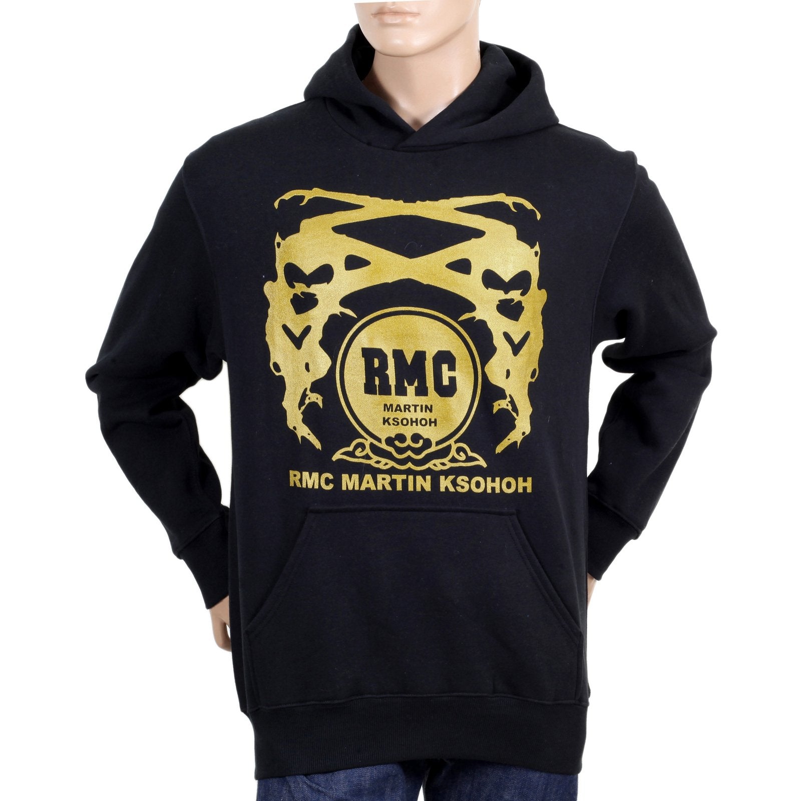 RMC MARTIN KSOHOH LONG SLEEVE KANGAROO STYLE POCKET REGULAR FIT BLACK HOODIE WITH GOLD LOGO PRINT REDM0705