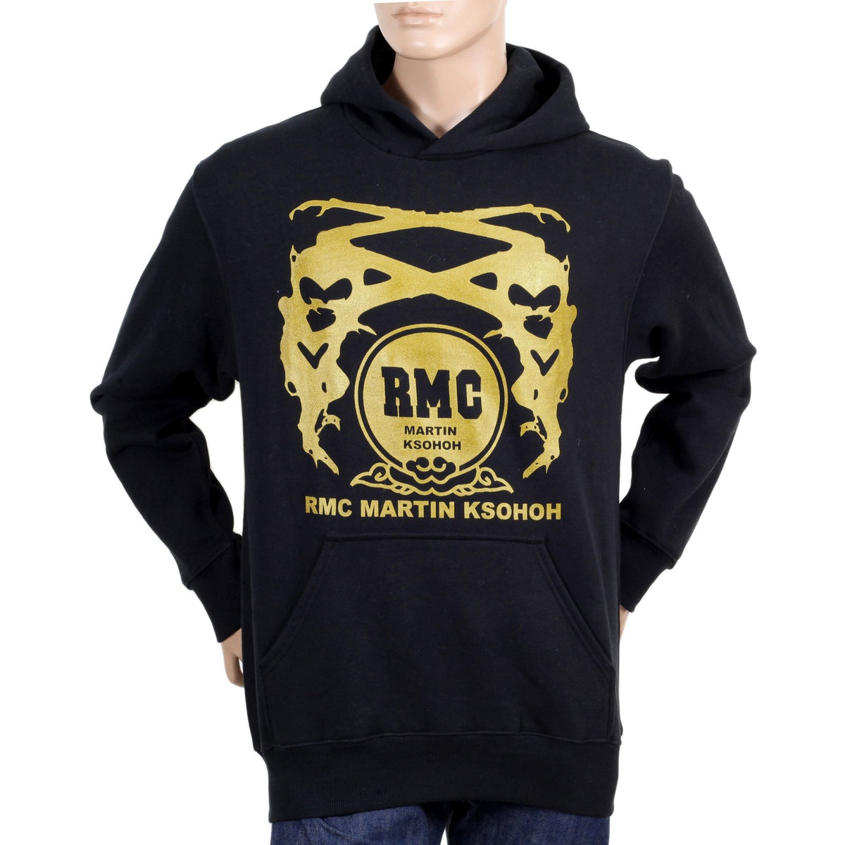 RMC MARTIN KSOHOH LONG SLEEVE KANGAROO STYLE POCKET REGULAR FIT BLACK HOODIE WITH GOLD LOGO PRINT REDM0705
