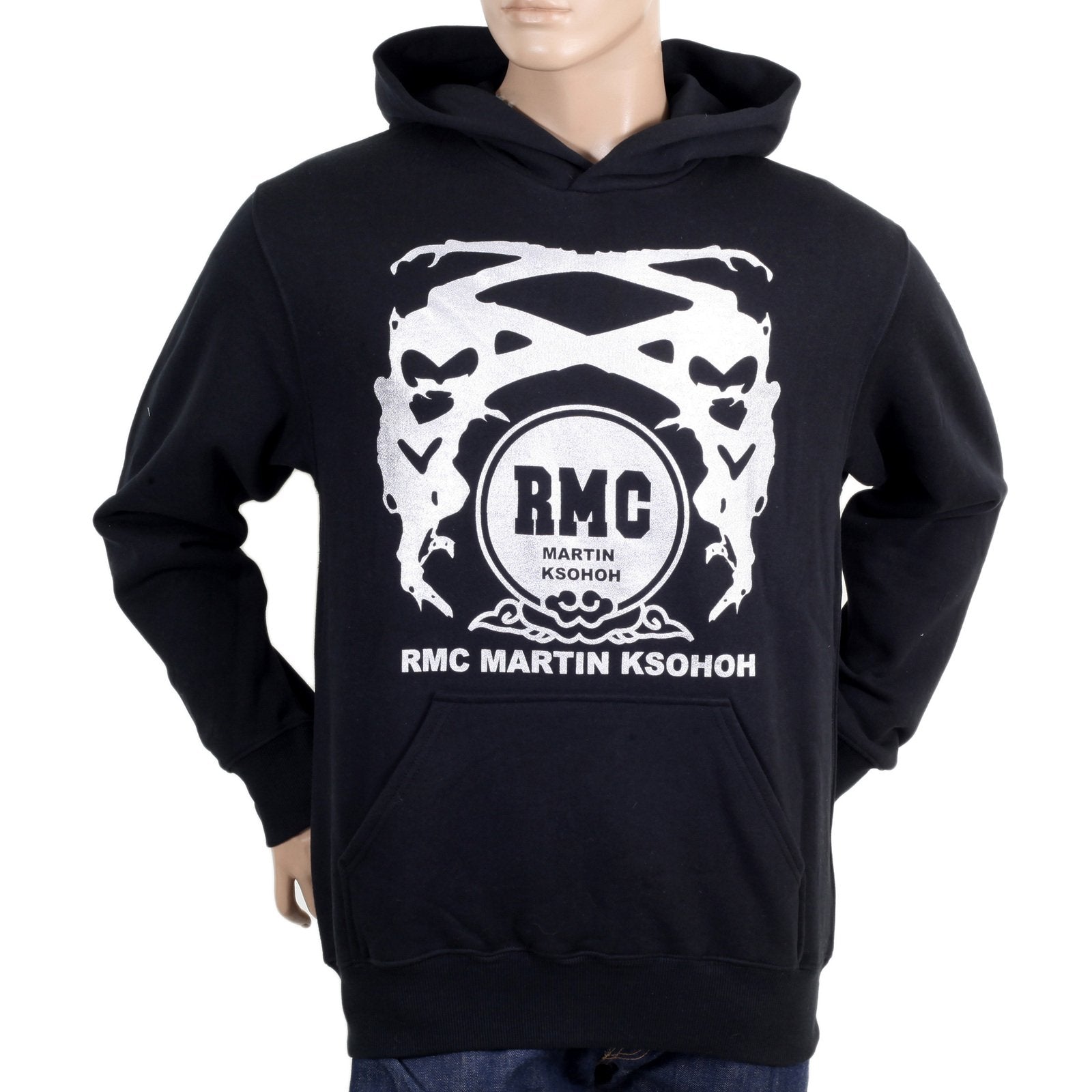 RMC MARTIN KSOHOH BLACK LONG SLEEVE REGULAR FIT PRINTED SILVER LOGO HOODIE WITH KANGAROO STYLE POCKET REDM0711
