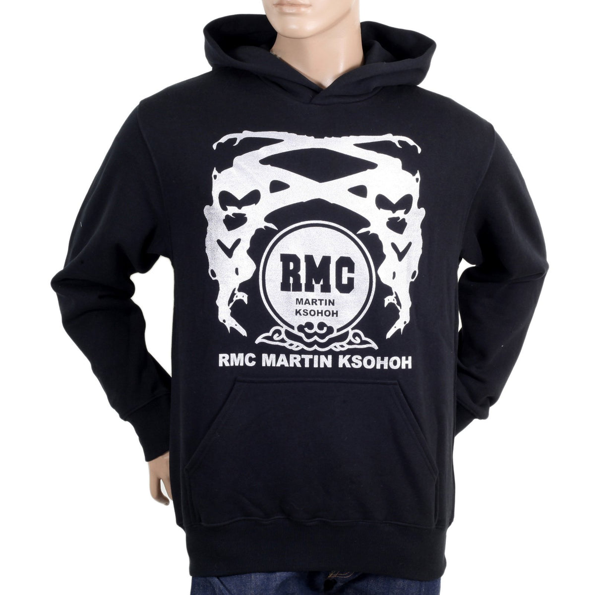 RMC MARTIN KSOHOH BLACK LONG SLEEVE REGULAR FIT PRINTED SILVER LOGO HOODIE WITH KANGAROO STYLE POCKET REDM0711