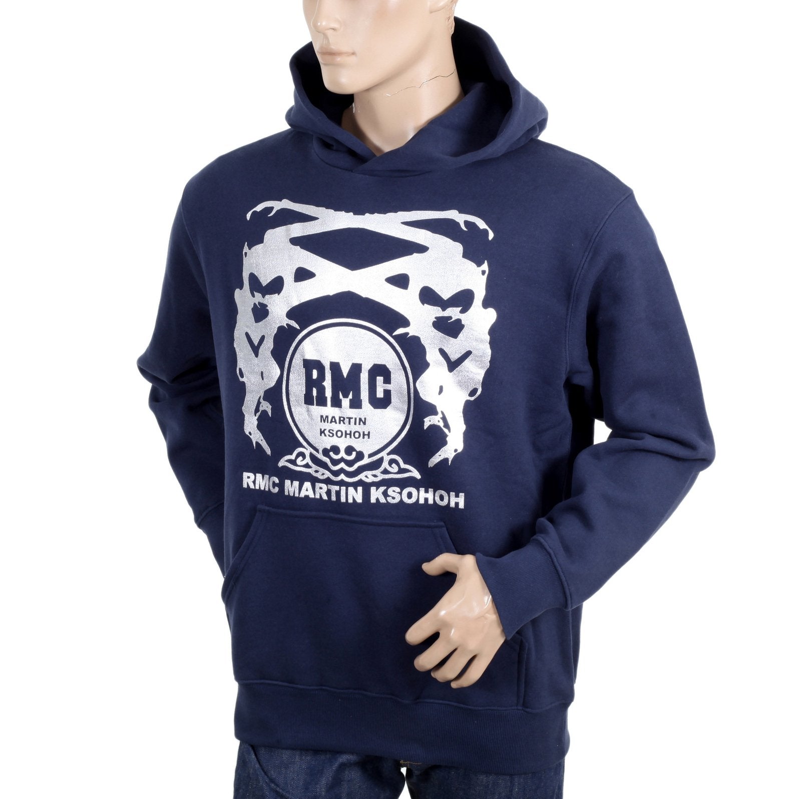 RMC MARTIN KSOHOH REGULAR FIT KANGAROO STYLE POCKET NAVY BLUE LONG SLEEVE HOODIE WITH SILVER LOGO PRINT REDM0713