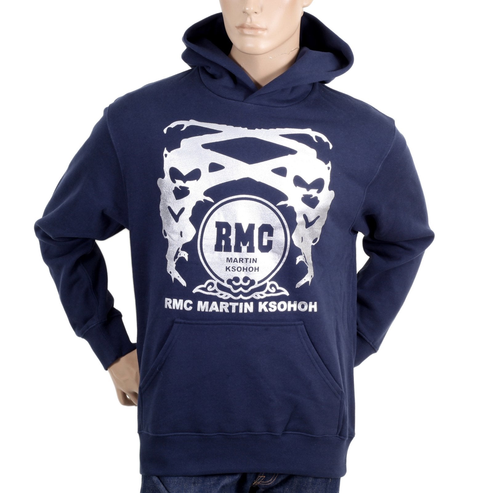 RMC MARTIN KSOHOH REGULAR FIT KANGAROO STYLE POCKET NAVY BLUE LONG SLEEVE HOODIE WITH SILVER LOGO PRINT REDM0713