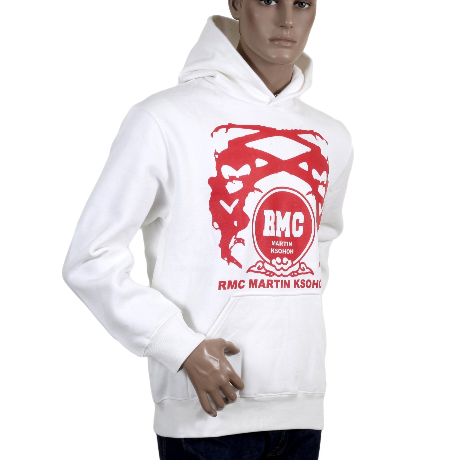 RMC JEANSREGULAR FIT RED PRINTED LOGO HOODIE IN IVORY WITH KANGAROO STYLE POCKET REDM0714