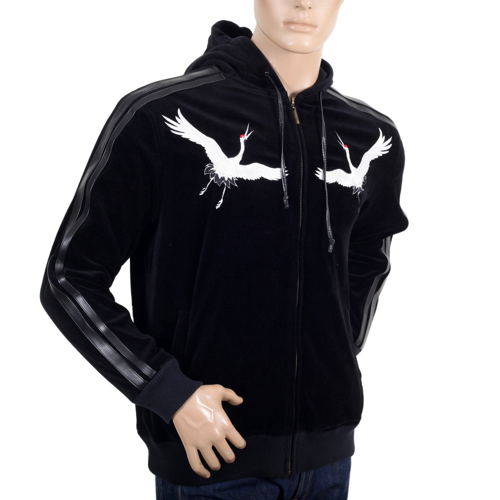 RMC JEANS SAKURA CRANE EMBROIDERED REGULAR FIT BLACK HOODED JACKET WITH FAUX LEATHER TRIMS FOR MEN REDM2902