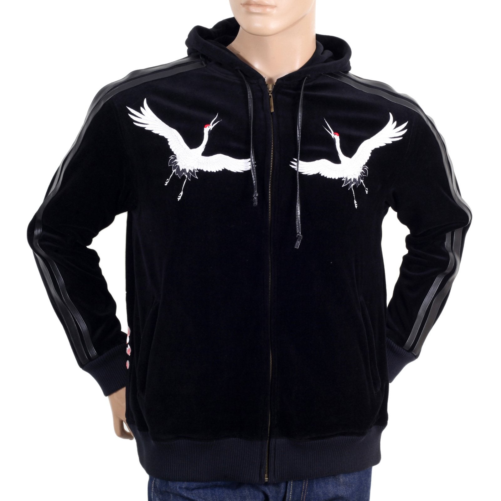 RMC JEANS SAKURA CRANE EMBROIDERED REGULAR FIT BLACK HOODED JACKET WITH FAUX LEATHER TRIMS FOR MEN REDM2902