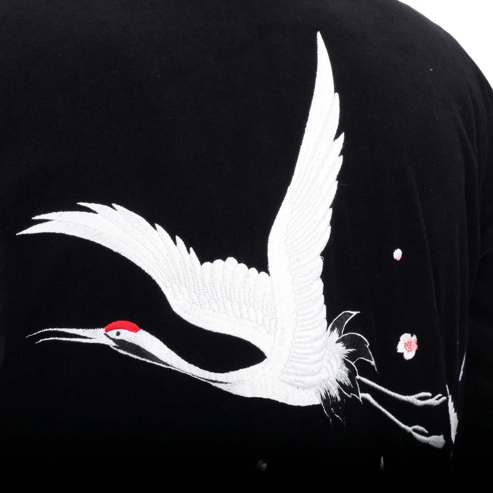 RMC JEANS SAKURA CRANE EMBROIDERED REGULAR FIT BLACK HOODED JACKET WITH FAUX LEATHER TRIMS FOR MEN REDM2902