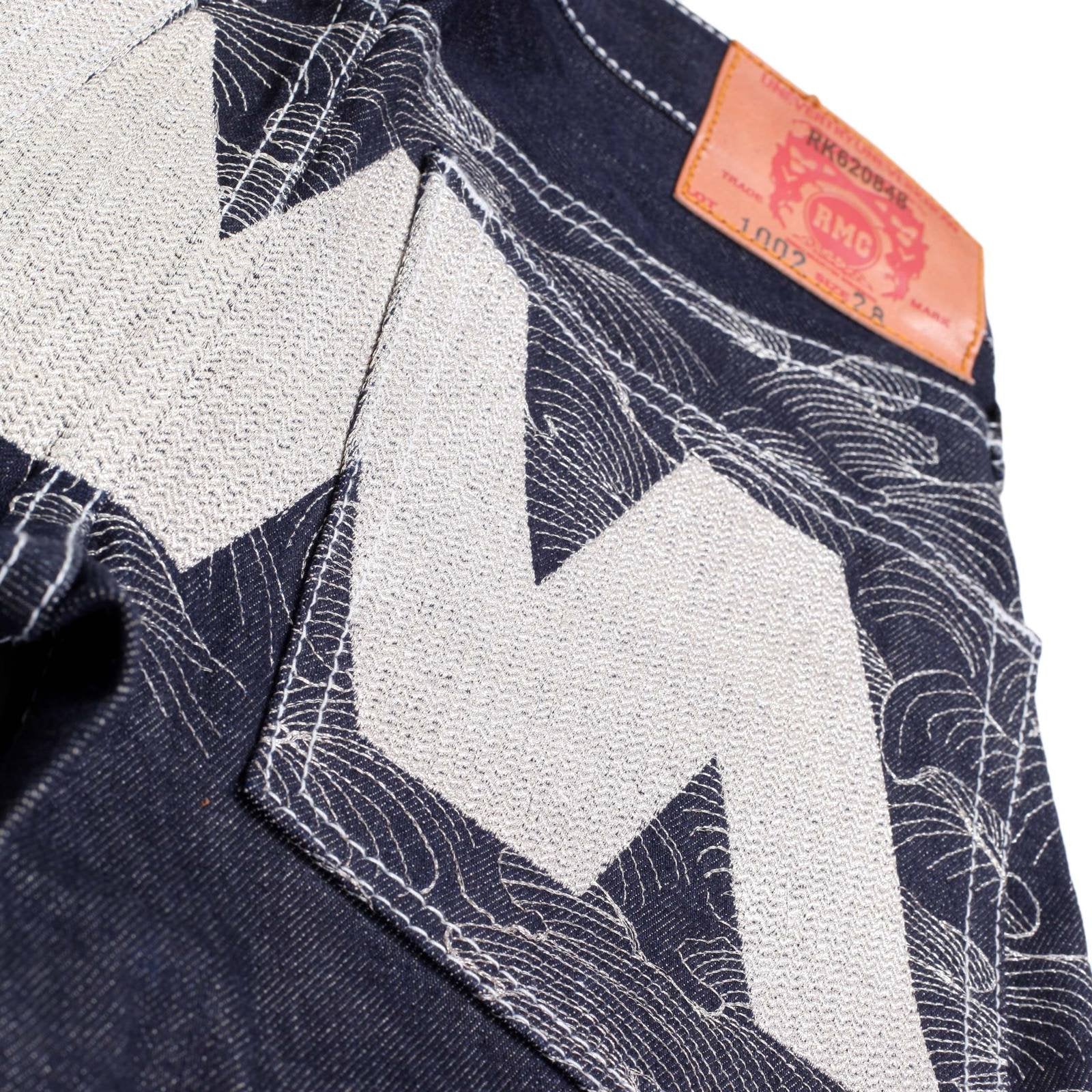 RMC JEANS AUTHENTIC VINTAGE INDIGO RAW SELVEDGE DENIM JEANS WITH SILVER 4A LIKE BLACK EMBROIDERY REDM2904