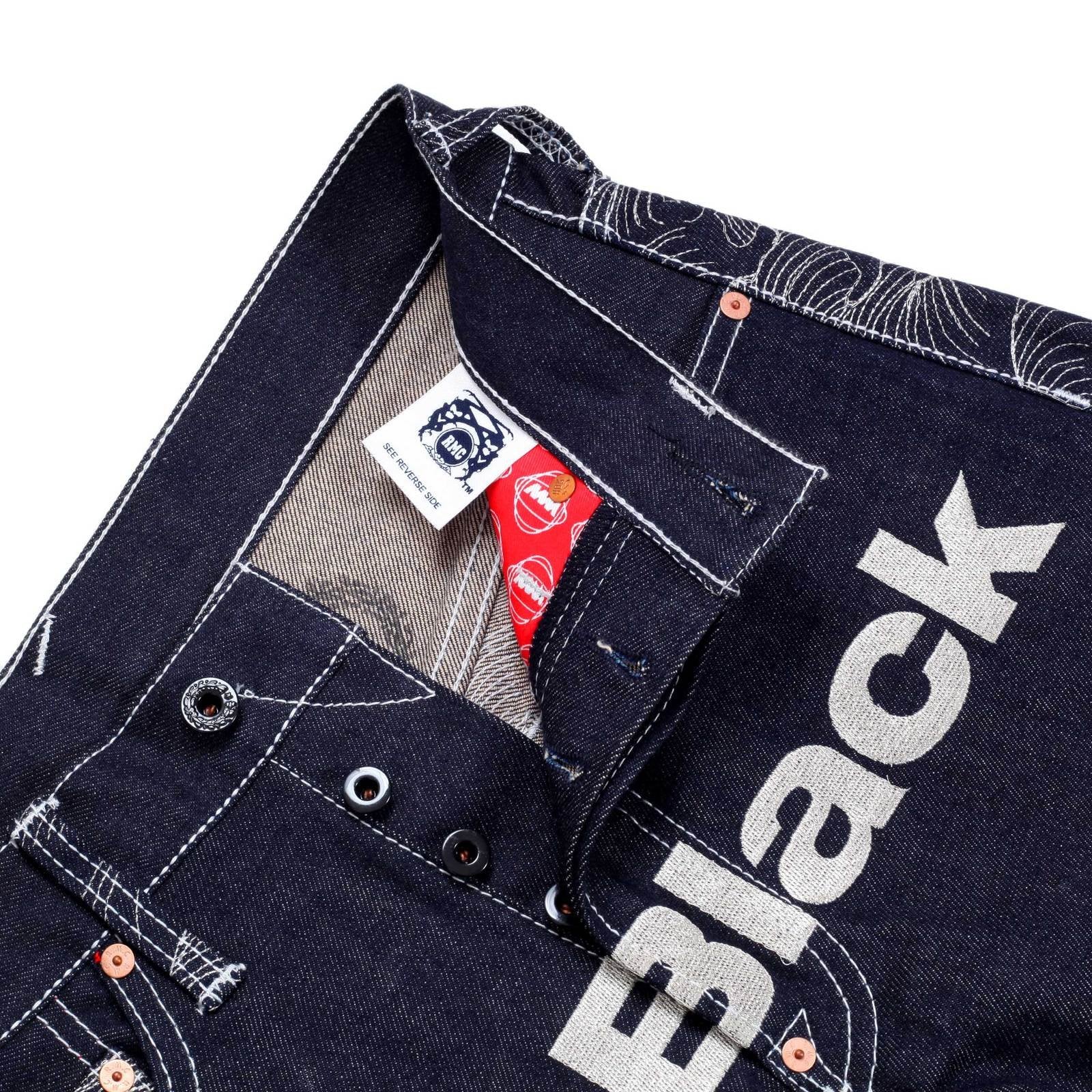 RMC JEANS AUTHENTIC VINTAGE INDIGO RAW SELVEDGE DENIM JEANS WITH SILVER 4A LIKE BLACK EMBROIDERY REDM2904