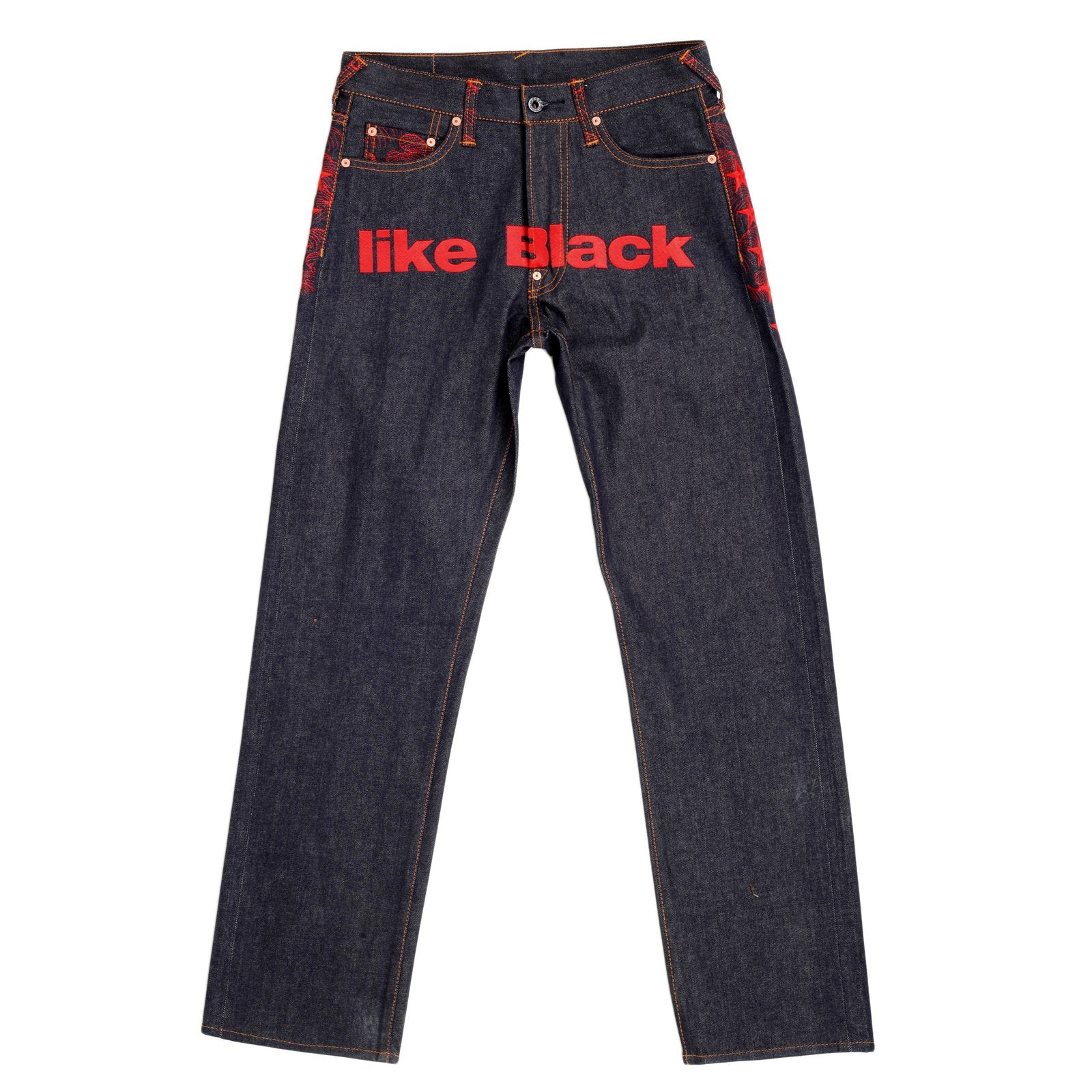 RMC JEANS EXCLUSIVE VINTAGE INDIGO RAW SELVEDGE DENIM JEANS WITH 5 STAR RED 4A LIKE BLACK EMBROIDERY REDM2907
