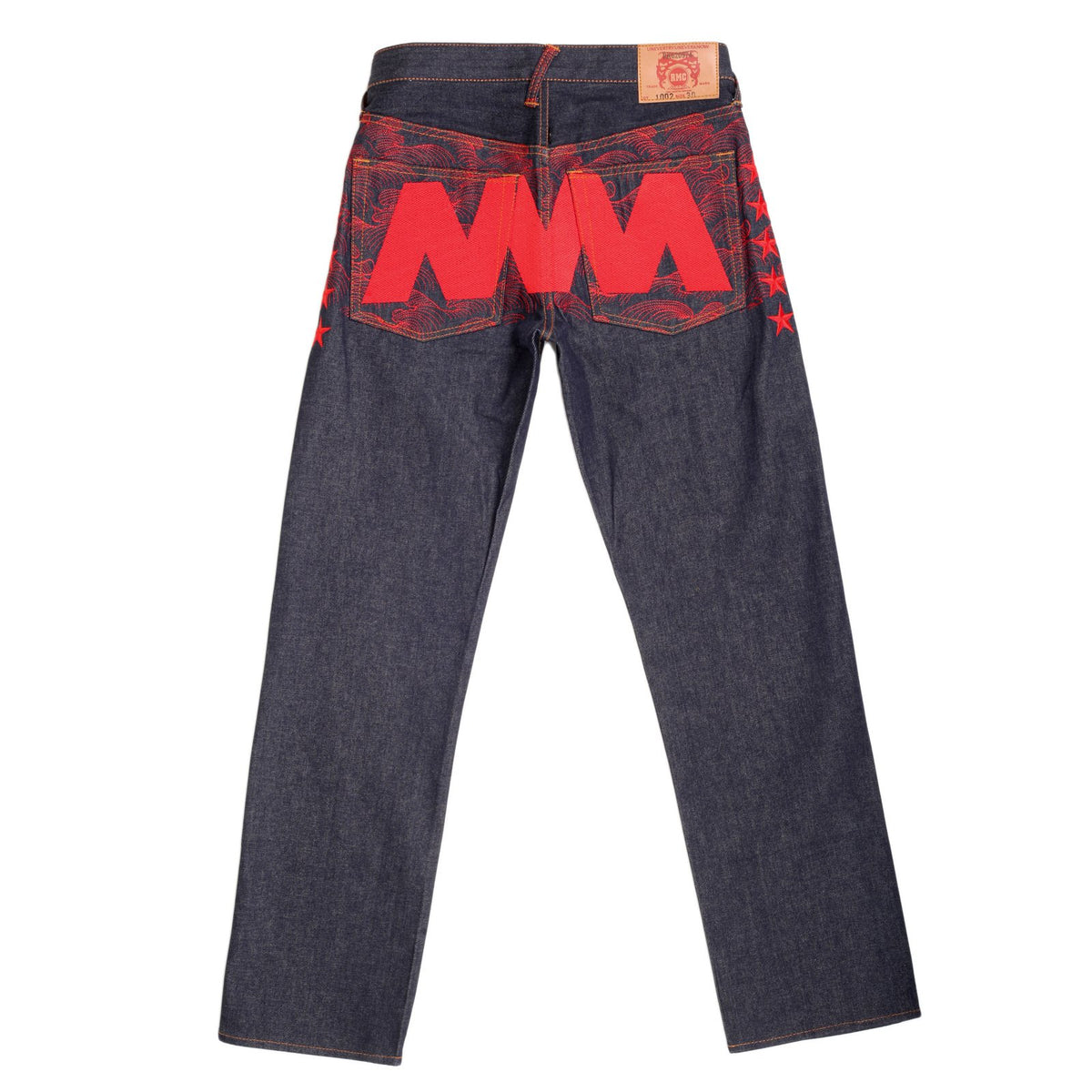 RMC JEANS EXCLUSIVE VINTAGE INDIGO RAW SELVEDGE DENIM JEANS WITH 5 STAR RED 4A LIKE BLACK EMBROIDERY REDM2907