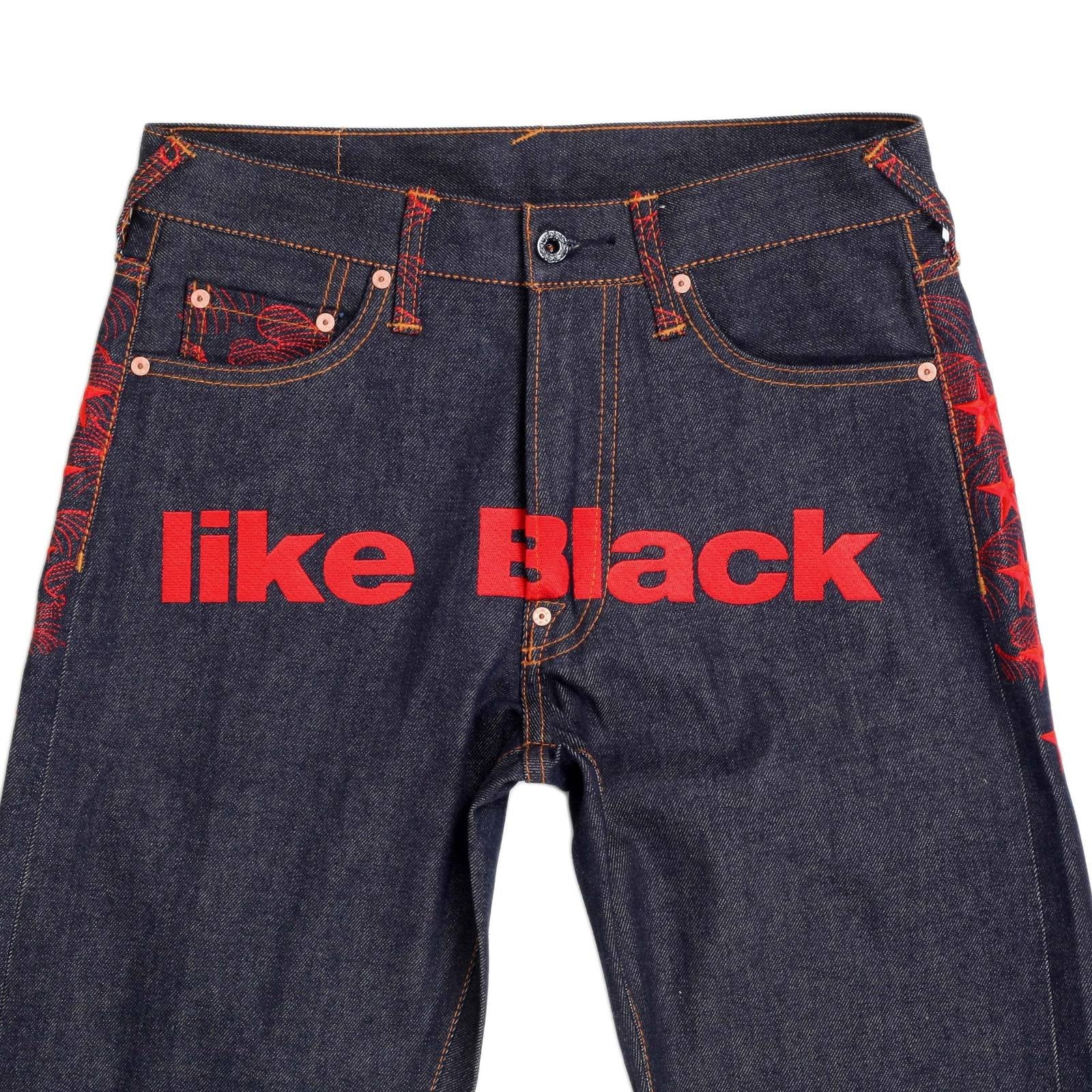 RMC JEANS EXCLUSIVE VINTAGE INDIGO RAW SELVEDGE DENIM JEANS WITH 5 STAR RED 4A LIKE BLACK EMBROIDERY REDM2907