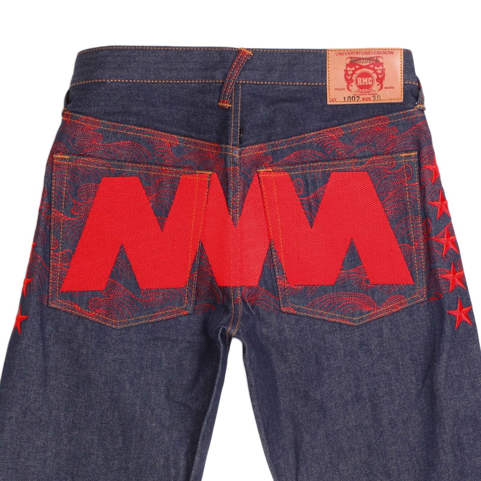 RMC JEANS EXCLUSIVE VINTAGE INDIGO RAW SELVEDGE DENIM JEANS WITH 5 STAR RED 4A LIKE BLACK EMBROIDERY REDM2907