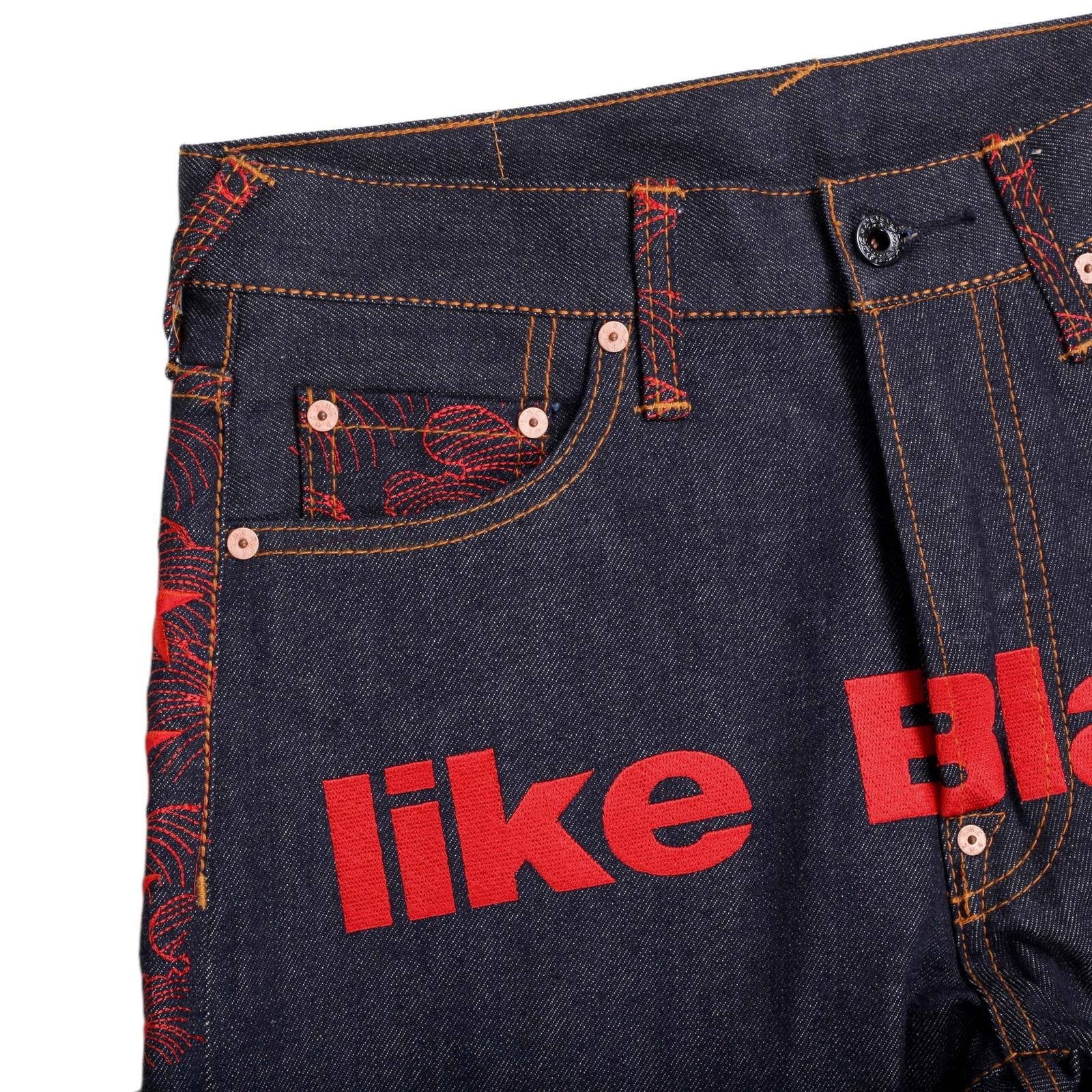 RMC JEANS EXCLUSIVE VINTAGE INDIGO RAW SELVEDGE DENIM JEANS WITH 5 STAR RED 4A LIKE BLACK EMBROIDERY REDM2907