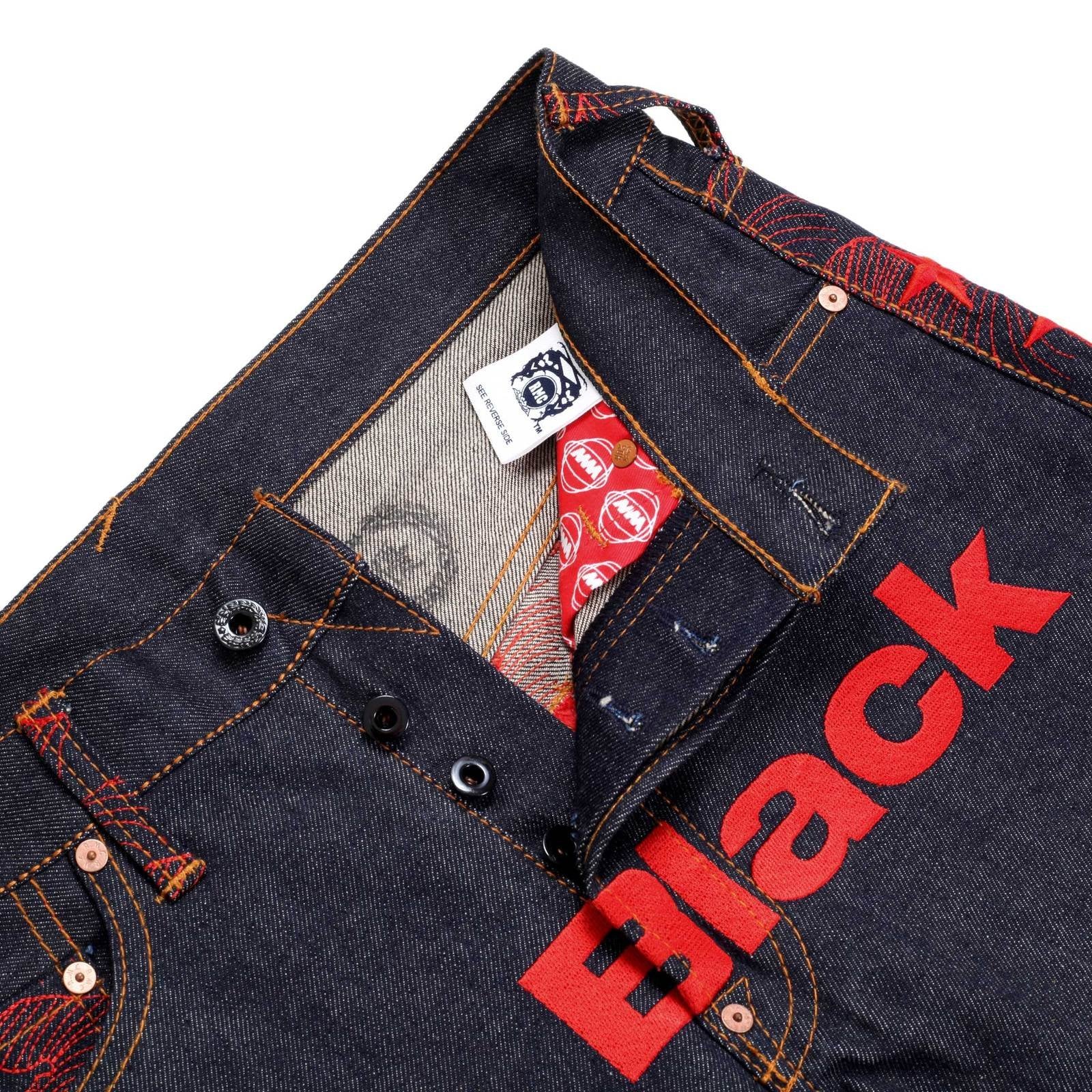 RMC JEANS EXCLUSIVE VINTAGE INDIGO RAW SELVEDGE DENIM JEANS WITH 5 STAR RED 4A LIKE BLACK EMBROIDERY REDM2907