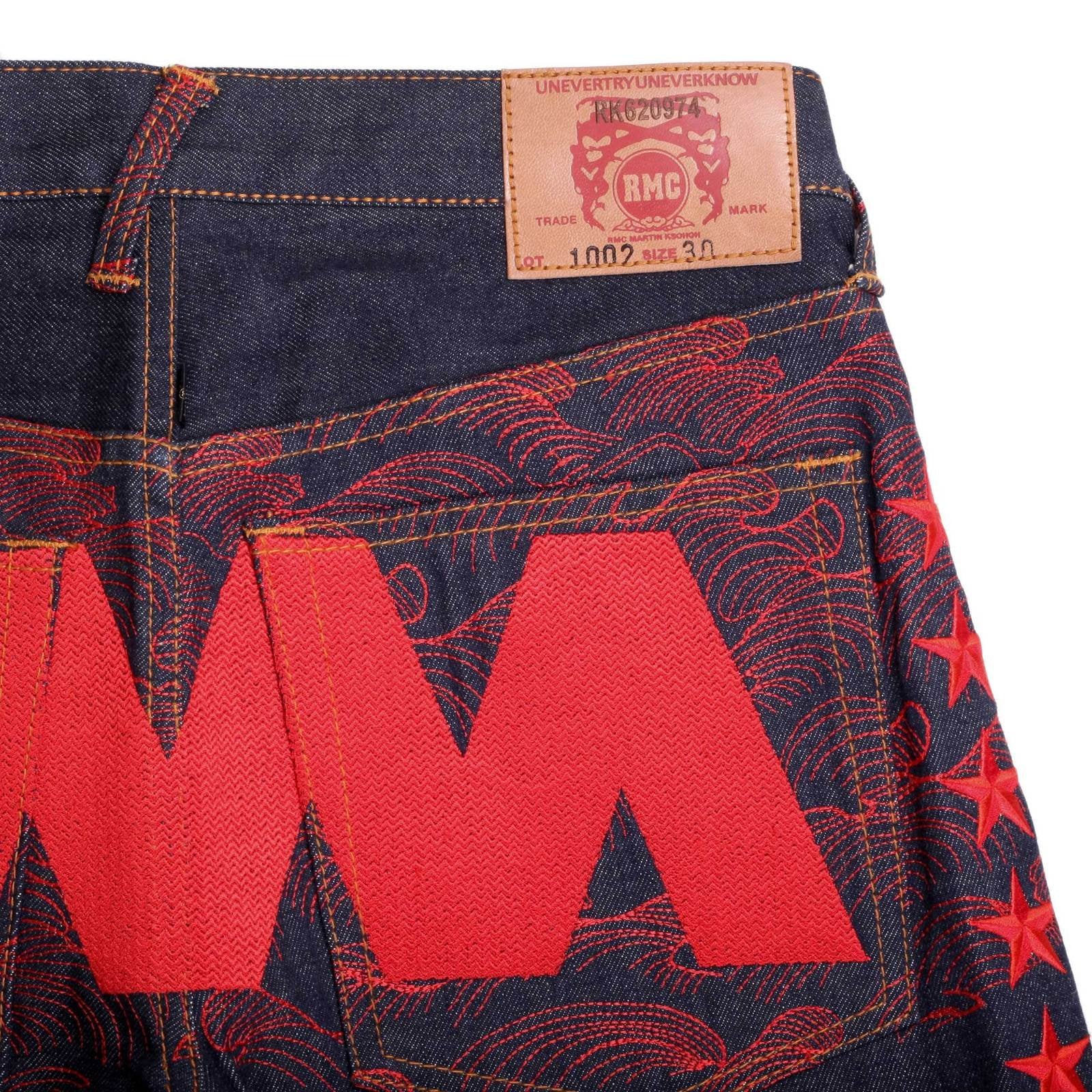 RMC JEANS EXCLUSIVE VINTAGE INDIGO RAW SELVEDGE DENIM JEANS WITH 5 STAR RED 4A LIKE BLACK EMBROIDERY REDM2907