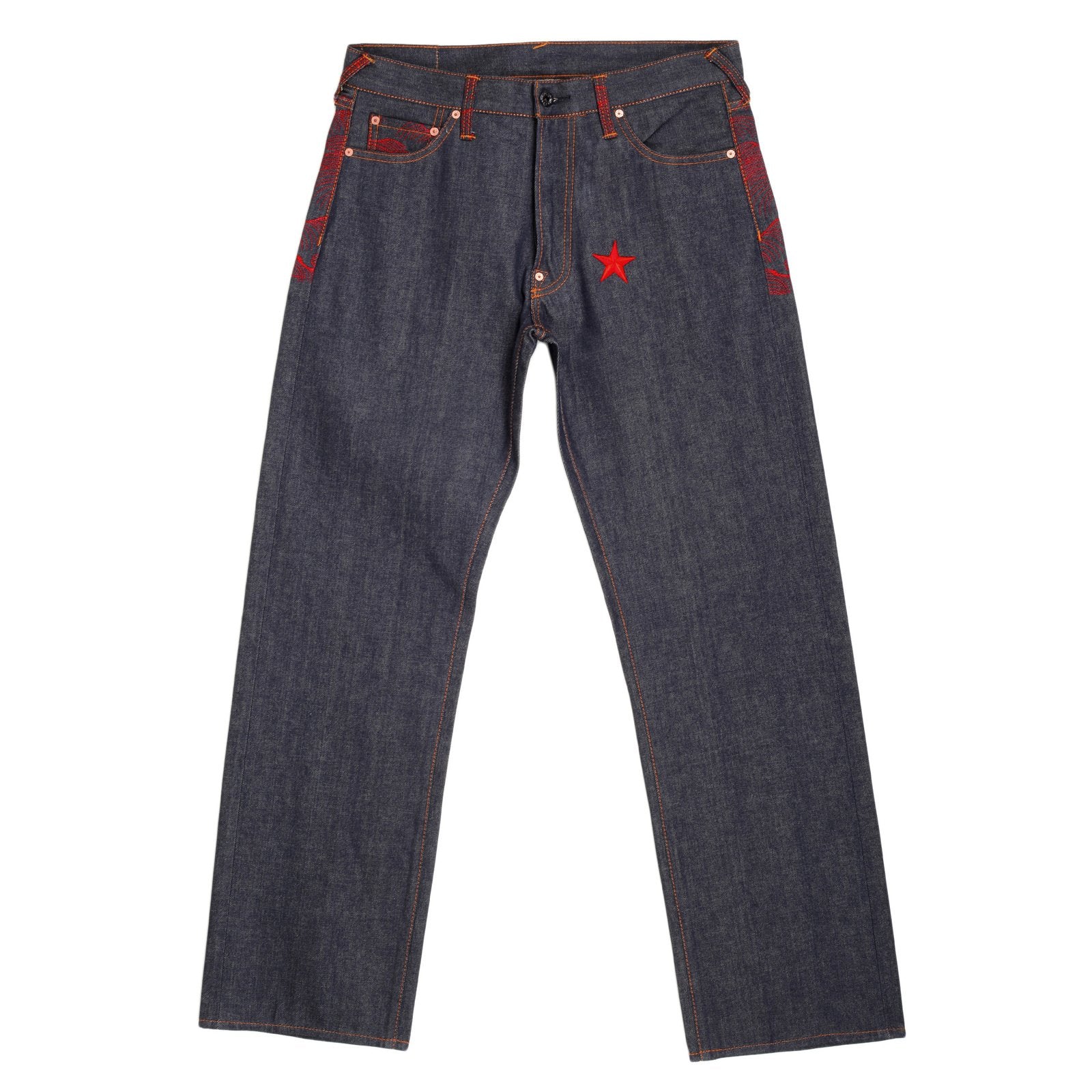 RMC MARTIN KSOHOH GENUINE EXCLUSIVE VINTAGE INDIGO RAW SELVEDGE DENIM JEANS WITH RED 4A STAR EMBROIDERY REDM2908