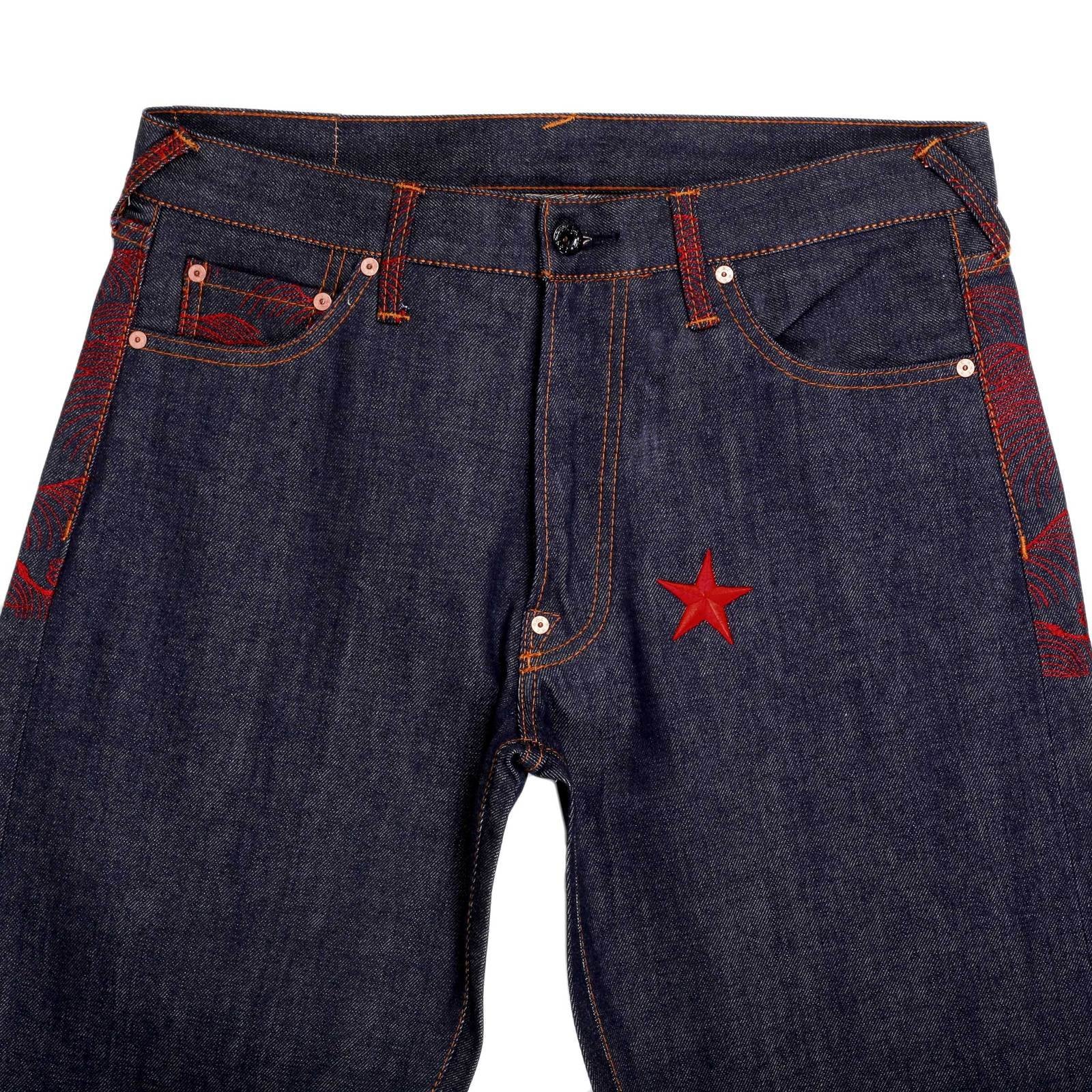 RMC MARTIN KSOHOH GENUINE EXCLUSIVE VINTAGE INDIGO RAW SELVEDGE DENIM JEANS WITH RED 4A STAR EMBROIDERY REDM2908