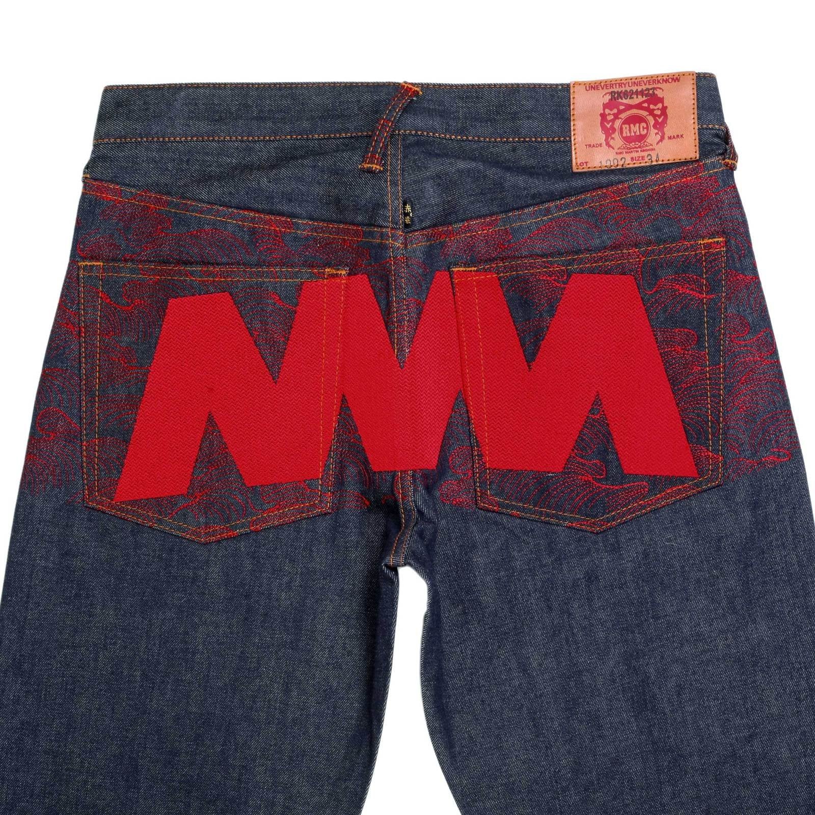 RMC MARTIN KSOHOH GENUINE EXCLUSIVE VINTAGE INDIGO RAW SELVEDGE DENIM JEANS WITH RED 4A STAR EMBROIDERY REDM2908