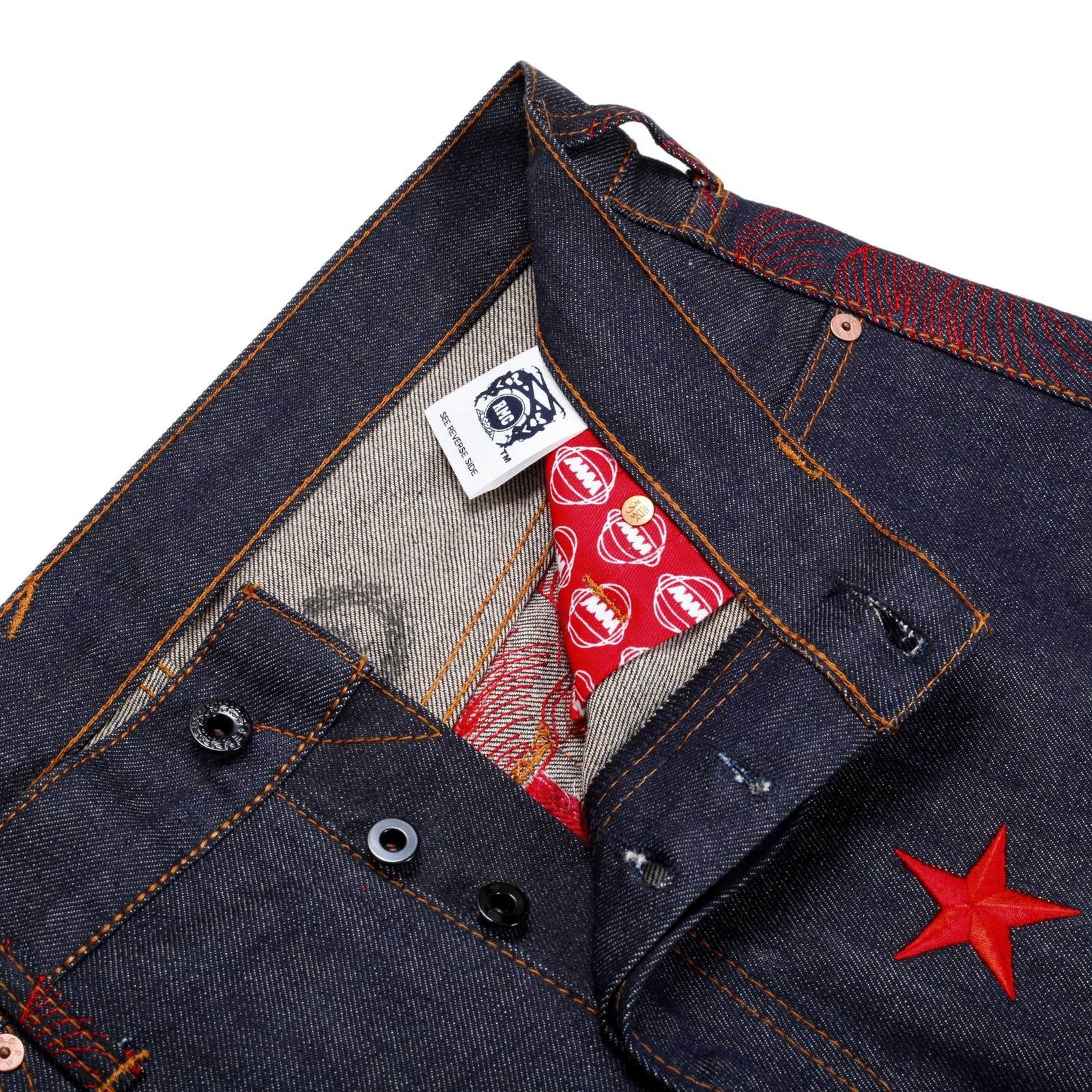 RMC MARTIN KSOHOH GENUINE EXCLUSIVE VINTAGE INDIGO RAW SELVEDGE DENIM JEANS WITH RED 4A STAR EMBROIDERY REDM2908