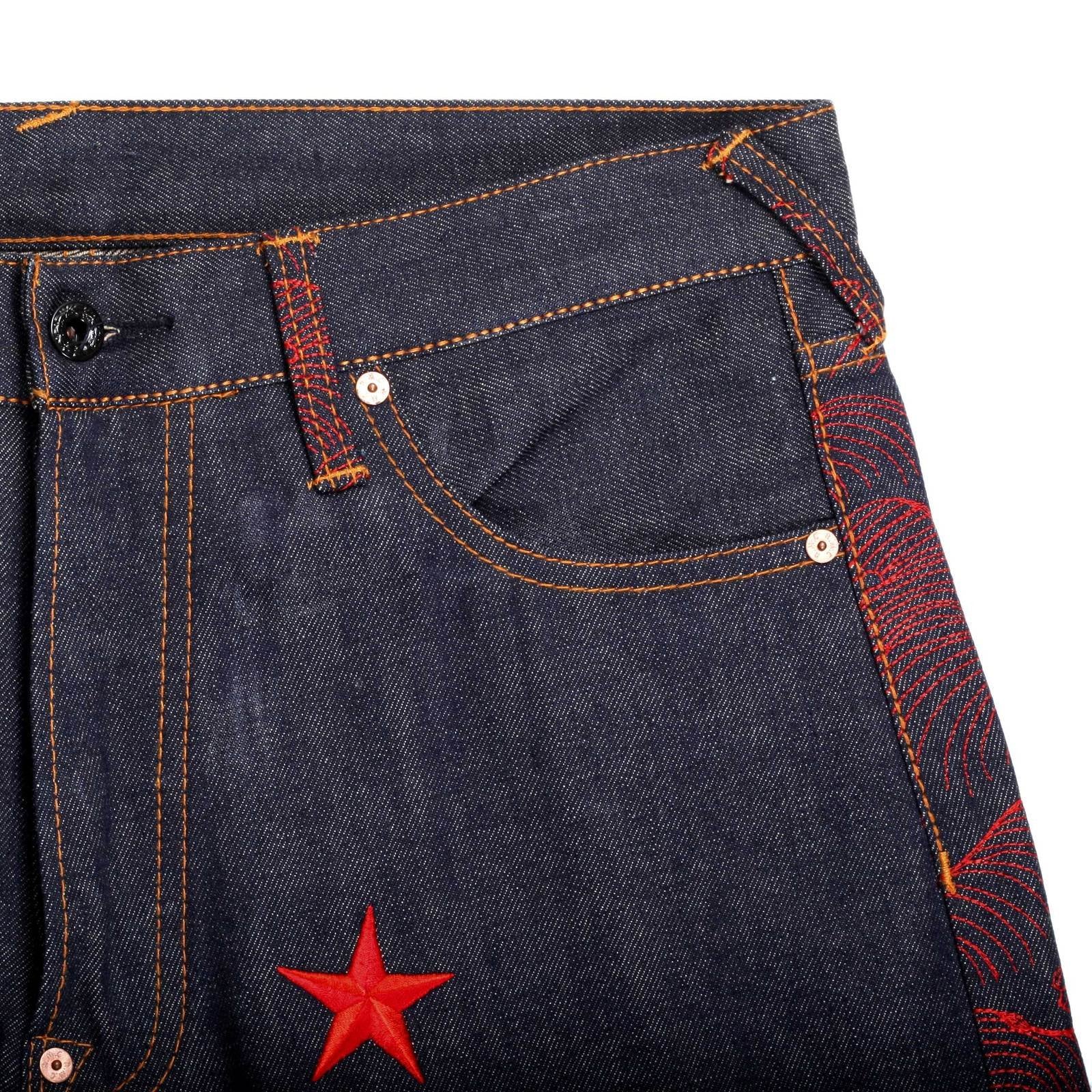 RMC MARTIN KSOHOH GENUINE EXCLUSIVE VINTAGE INDIGO RAW SELVEDGE DENIM JEANS WITH RED 4A STAR EMBROIDERY REDM2908