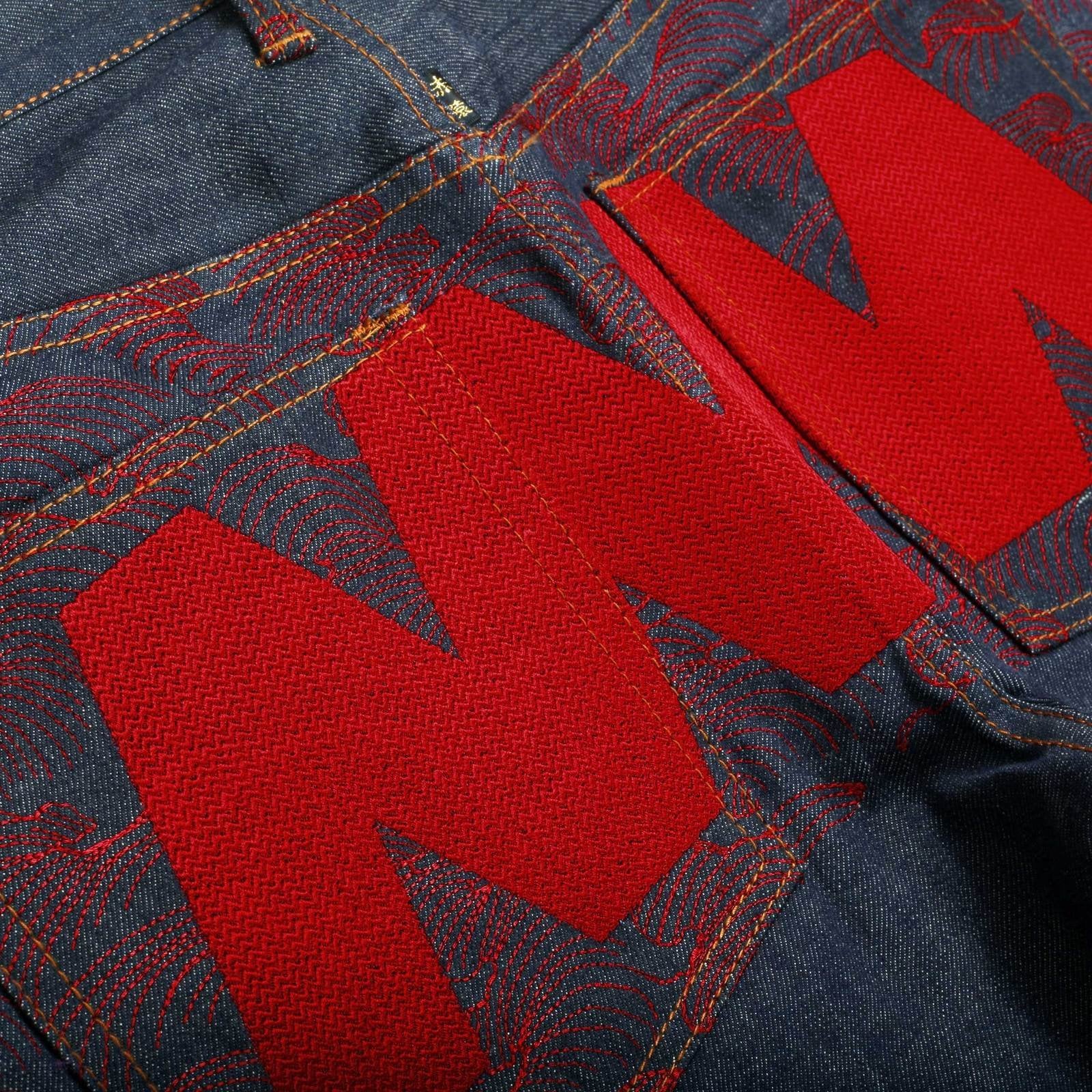 RMC MARTIN KSOHOH GENUINE EXCLUSIVE VINTAGE INDIGO RAW SELVEDGE DENIM JEANS WITH RED 4A STAR EMBROIDERY REDM2908
