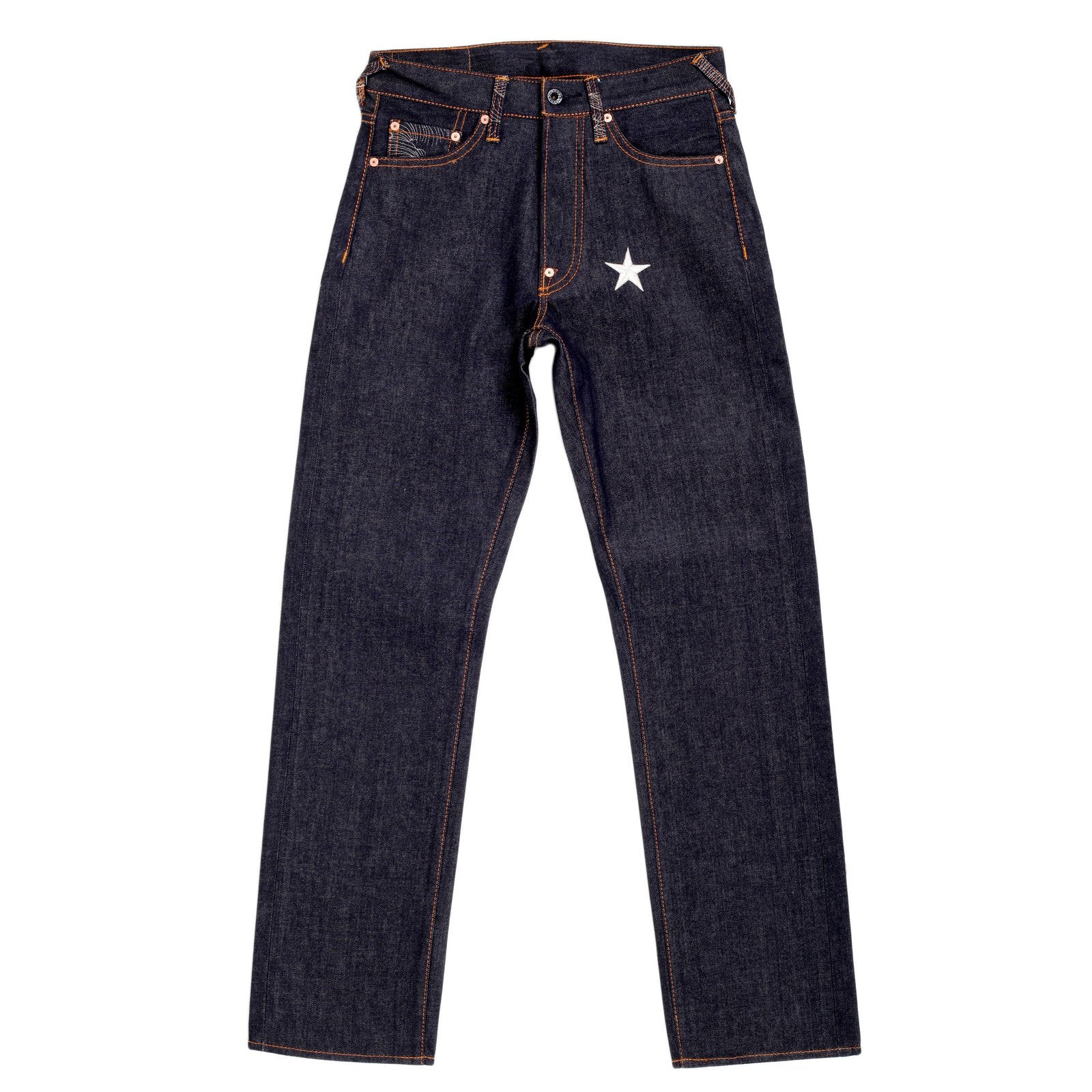 RMC JEANS EXCLUSIVE VINTAGE INDIGO RAW SELVEDGE DENIM JEANS WITH SILVER 4A STAR EMBROIDERY REDM2911