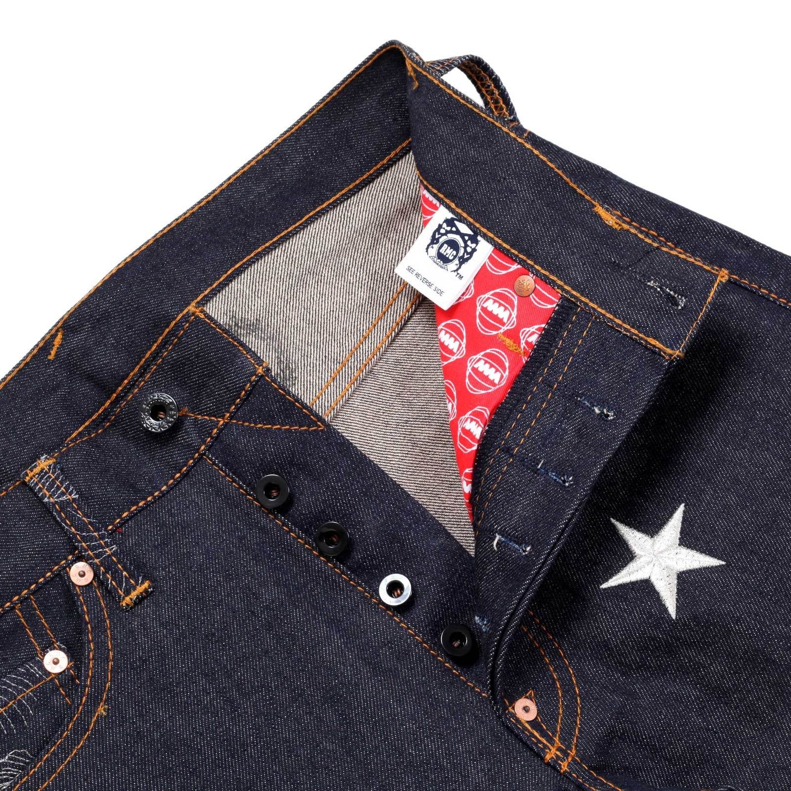 RMC JEANS EXCLUSIVE VINTAGE INDIGO RAW SELVEDGE DENIM JEANS WITH SILVER 4A STAR EMBROIDERY REDM2911