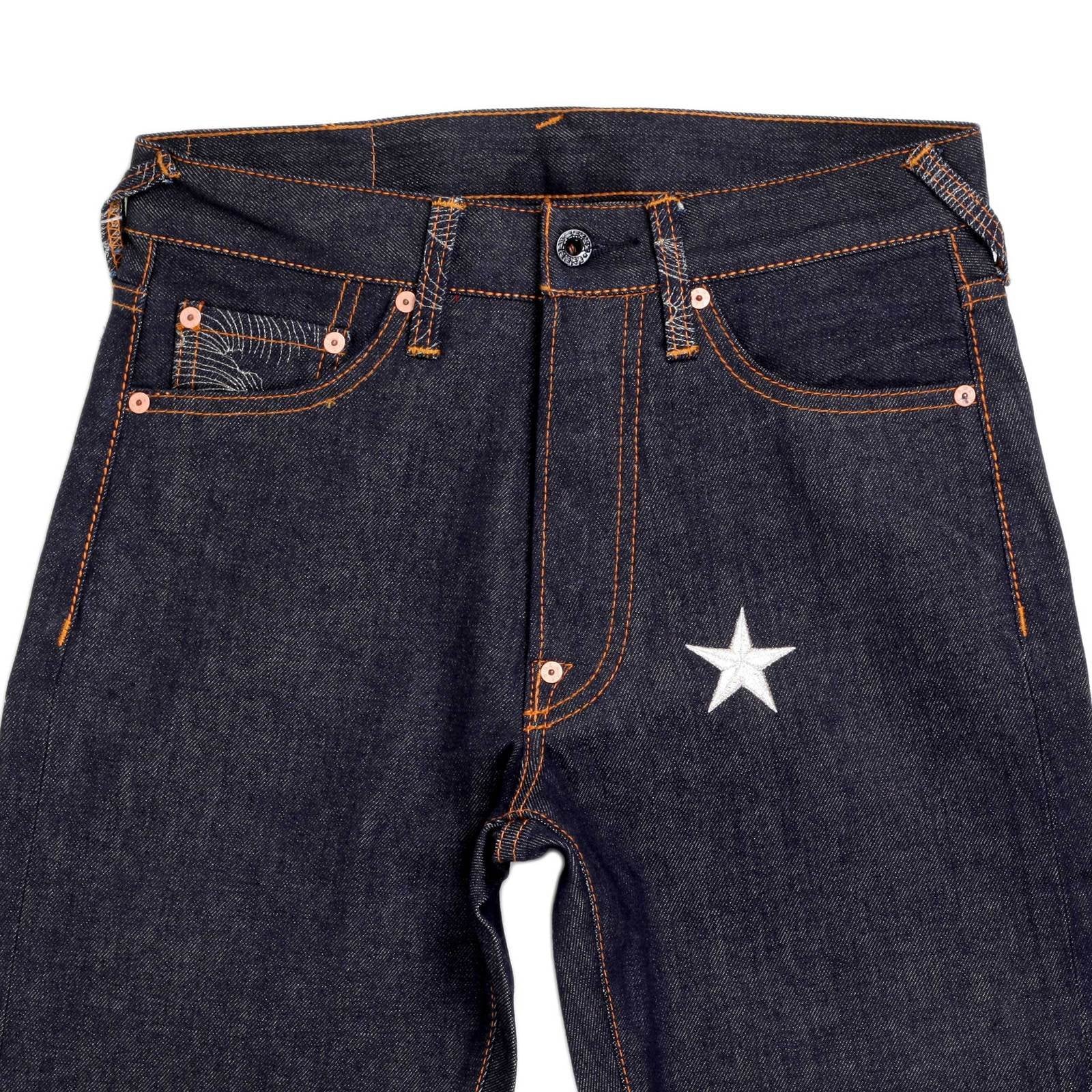RMC JEANS EXCLUSIVE VINTAGE INDIGO RAW SELVEDGE DENIM JEANS WITH SILVER 4A STAR EMBROIDERY REDM2911
