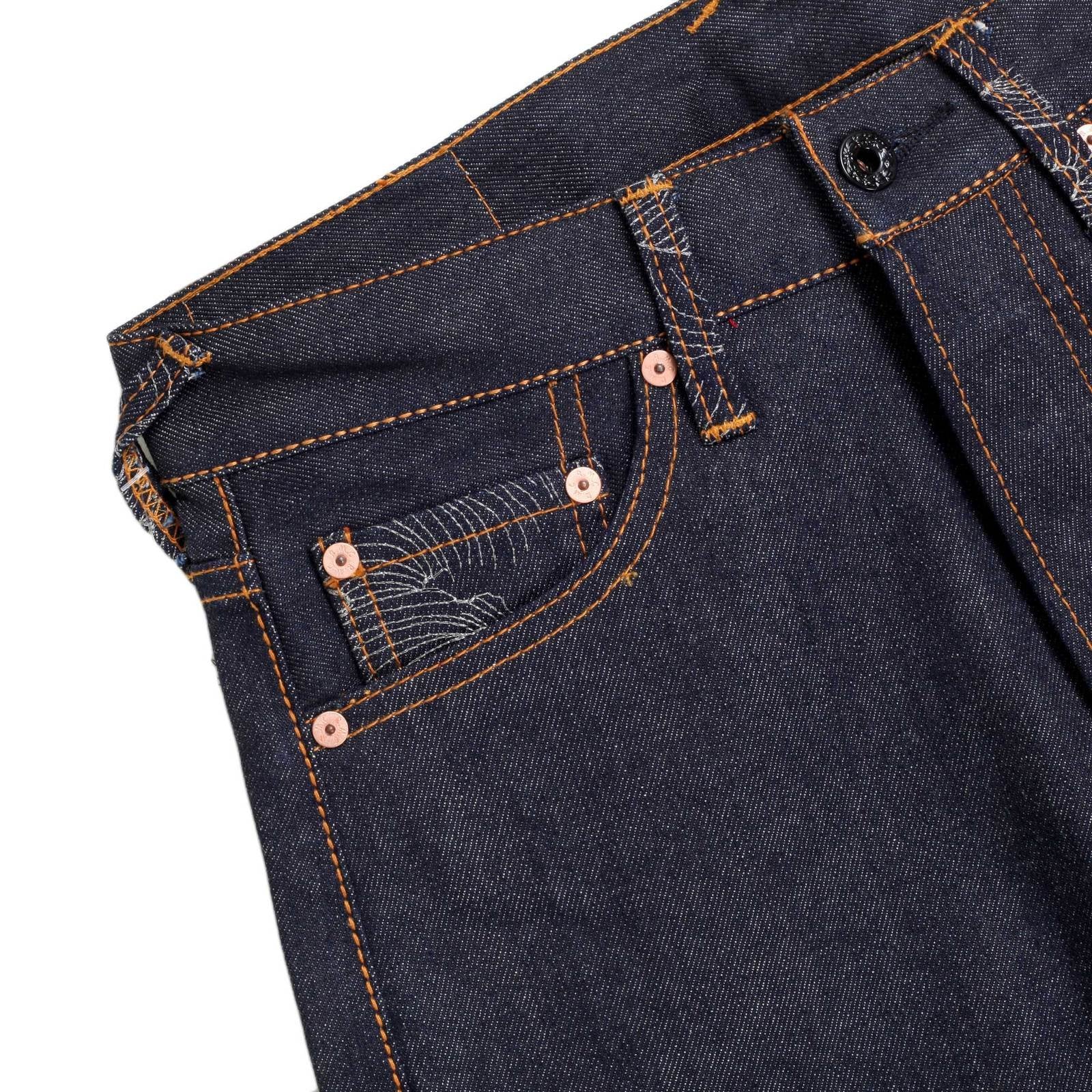 RMC JEANS EXCLUSIVE VINTAGE INDIGO RAW SELVEDGE DENIM JEANS WITH SILVER 4A STAR EMBROIDERY REDM2911