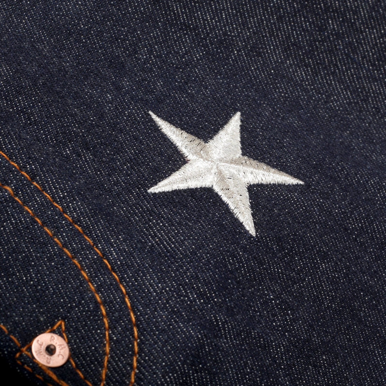 RMC JEANS EXCLUSIVE VINTAGE INDIGO RAW SELVEDGE DENIM JEANS WITH SILVER 4A STAR EMBROIDERY REDM2911