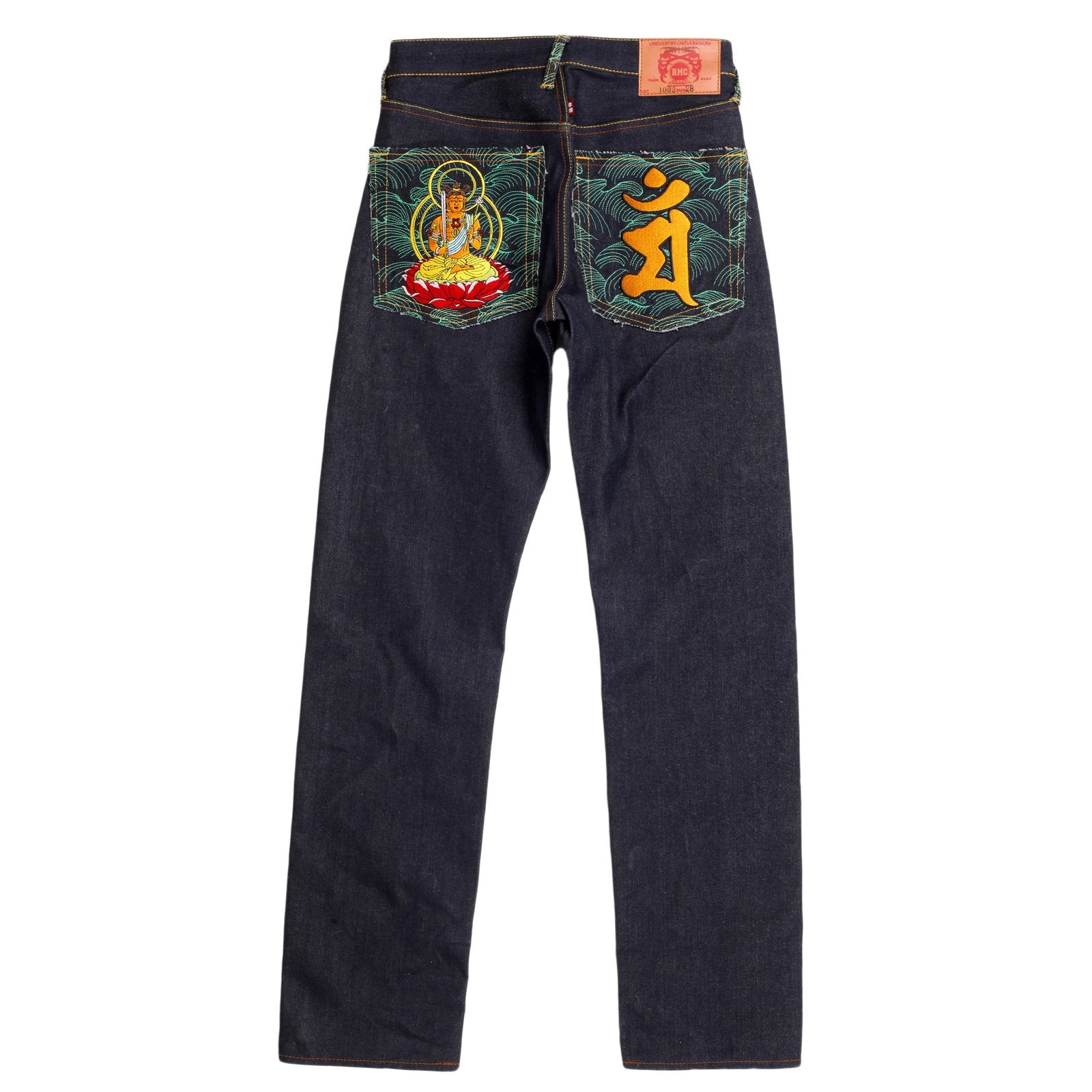 RMC MARTIN KSOHOH INDIGO RAW SELVEDGE JEANS WITH EXCLUSIVE MONJUBOSATU YEAR OF THE RABBIT EMBROIDERY REDM3089
