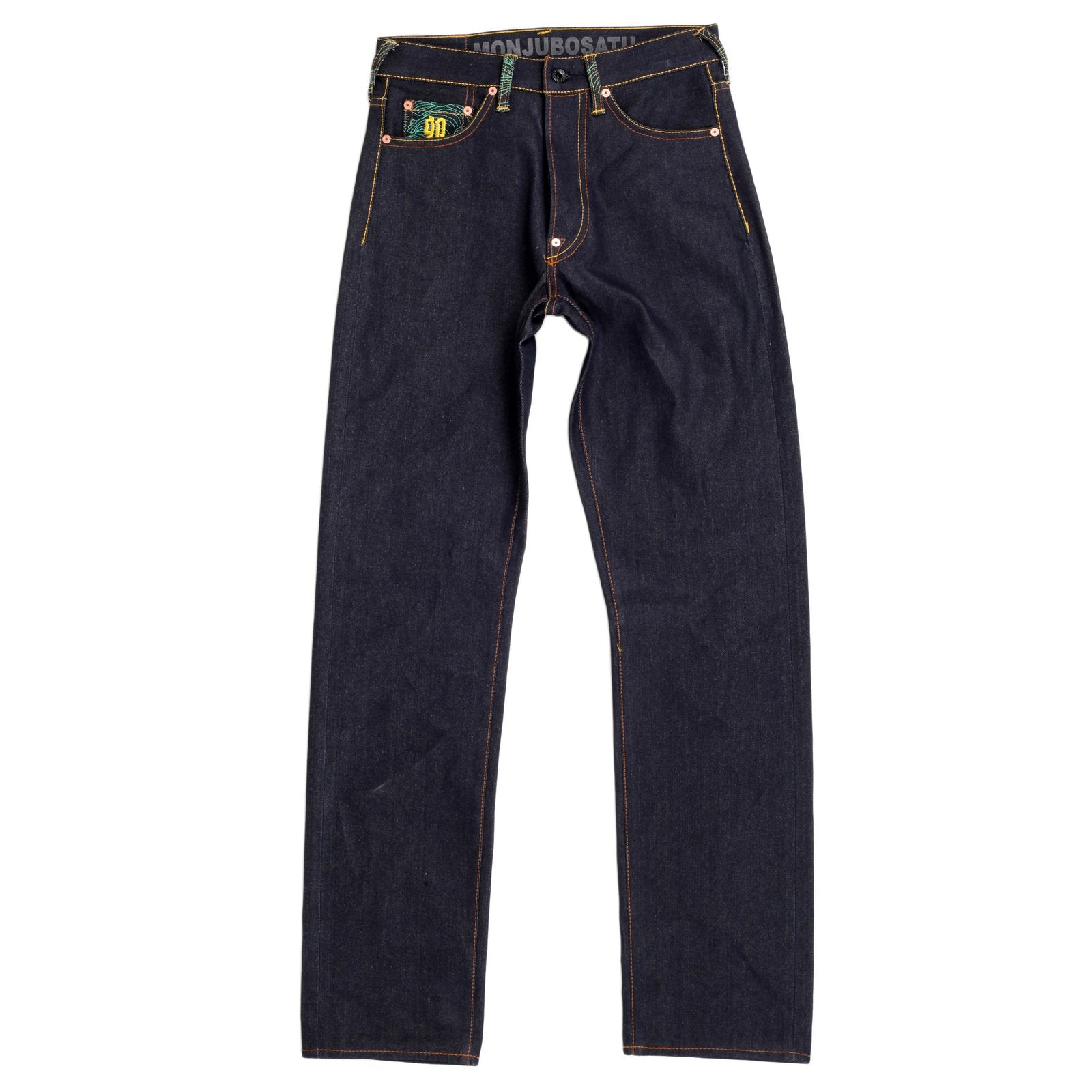 RMC MARTIN KSOHOH INDIGO RAW SELVEDGE JEANS WITH EXCLUSIVE MONJUBOSATU YEAR OF THE RABBIT EMBROIDERY REDM3089