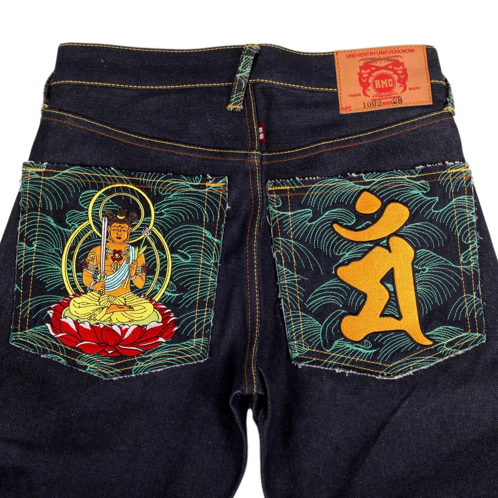RMC MARTIN KSOHOH INDIGO RAW SELVEDGE JEANS WITH EXCLUSIVE MONJUBOSATU YEAR OF THE RABBIT EMBROIDERY REDM3089