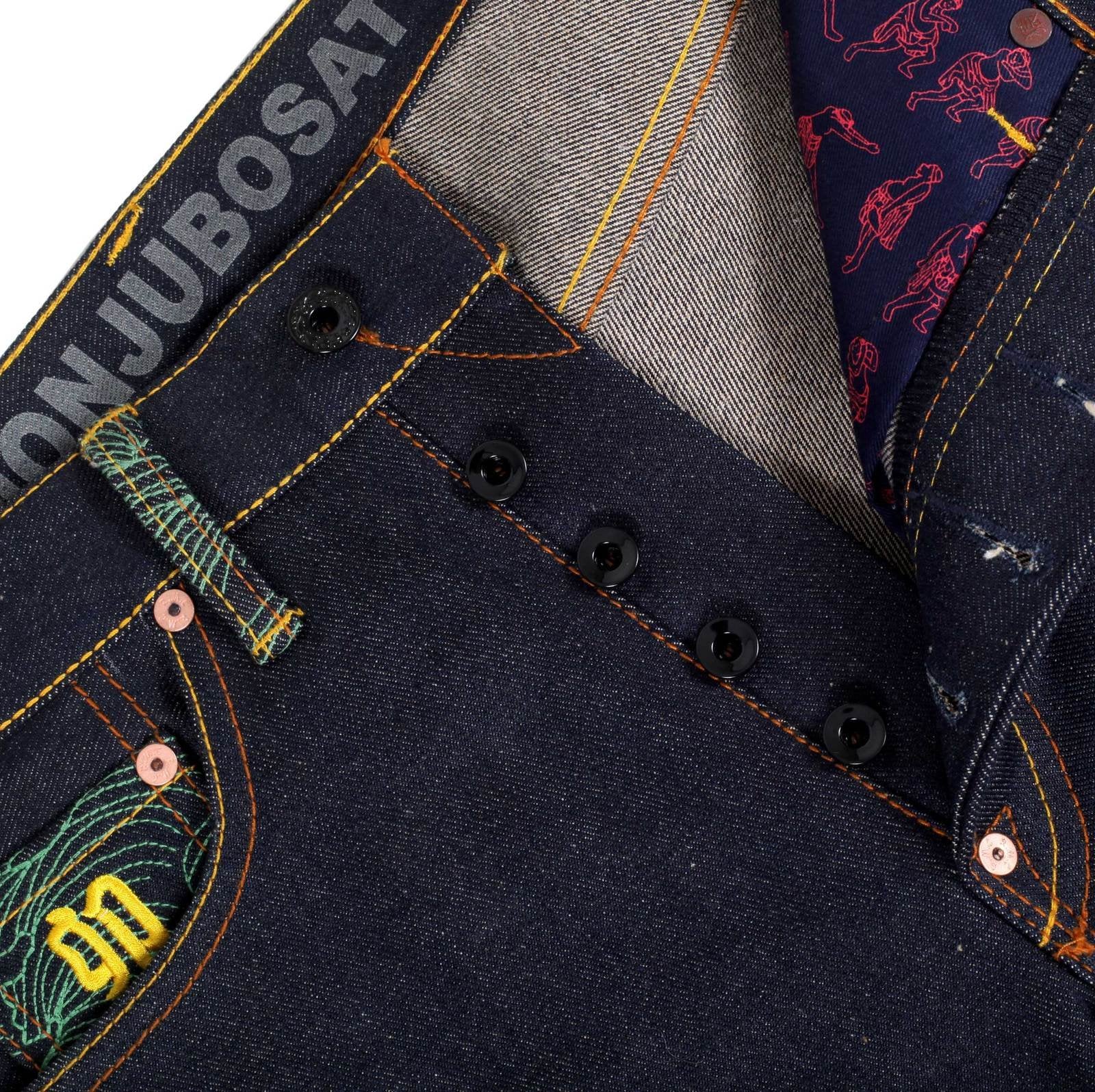 RMC MARTIN KSOHOH INDIGO RAW SELVEDGE JEANS WITH EXCLUSIVE MONJUBOSATU YEAR OF THE RABBIT EMBROIDERY REDM3089