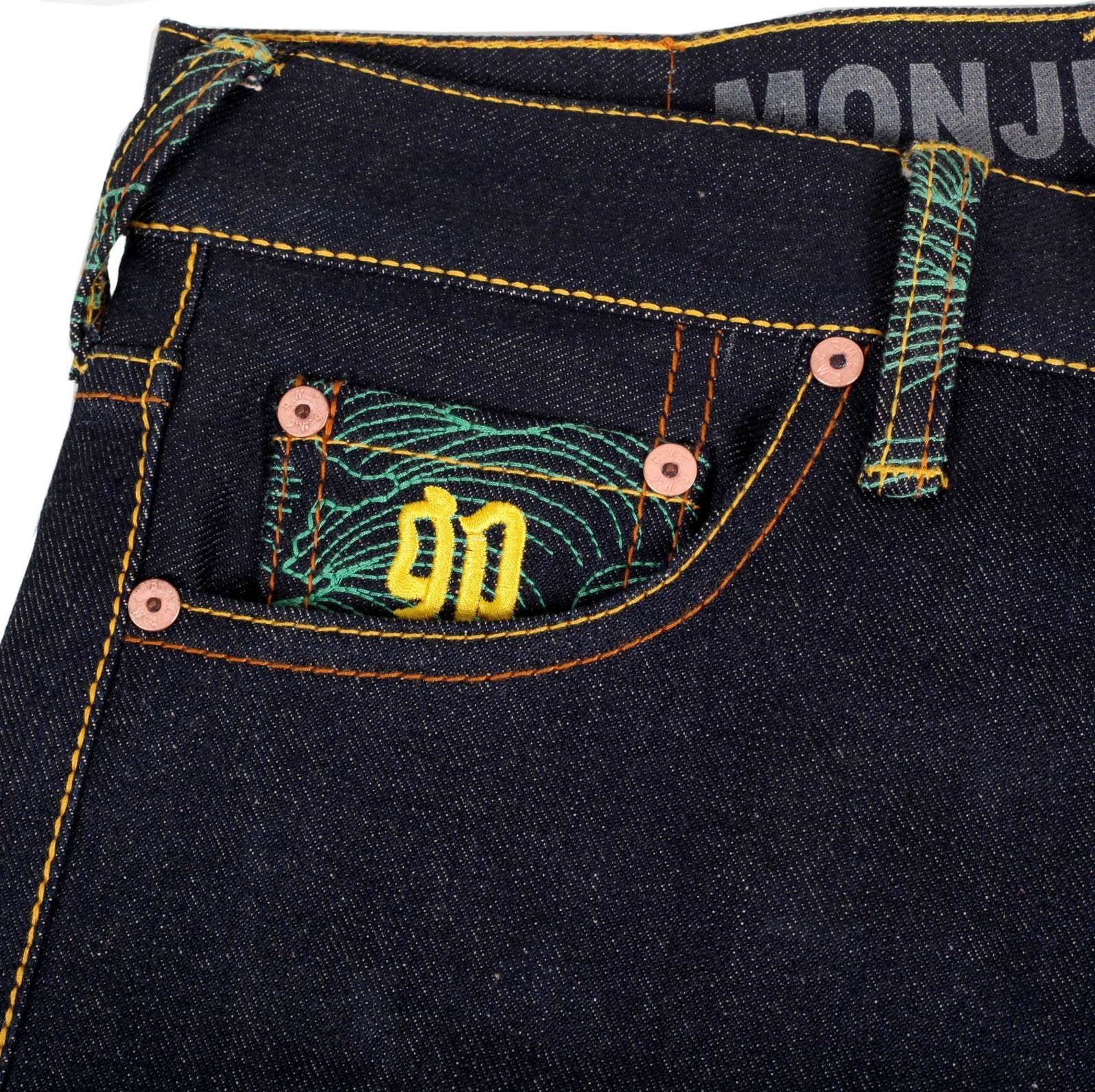 RMC MARTIN KSOHOH INDIGO RAW SELVEDGE JEANS WITH EXCLUSIVE MONJUBOSATU YEAR OF THE RABBIT EMBROIDERY REDM3089